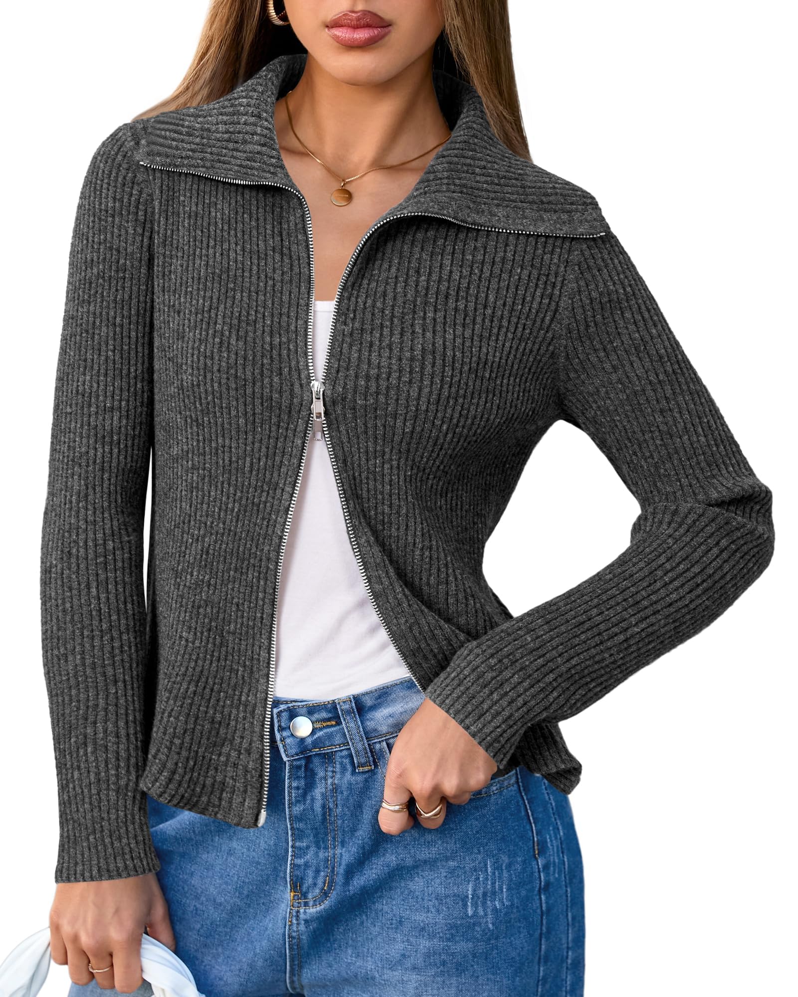 Arach Cloz Womens Wool Blend Fashion Zip Up Cardigan Sweater Outfit