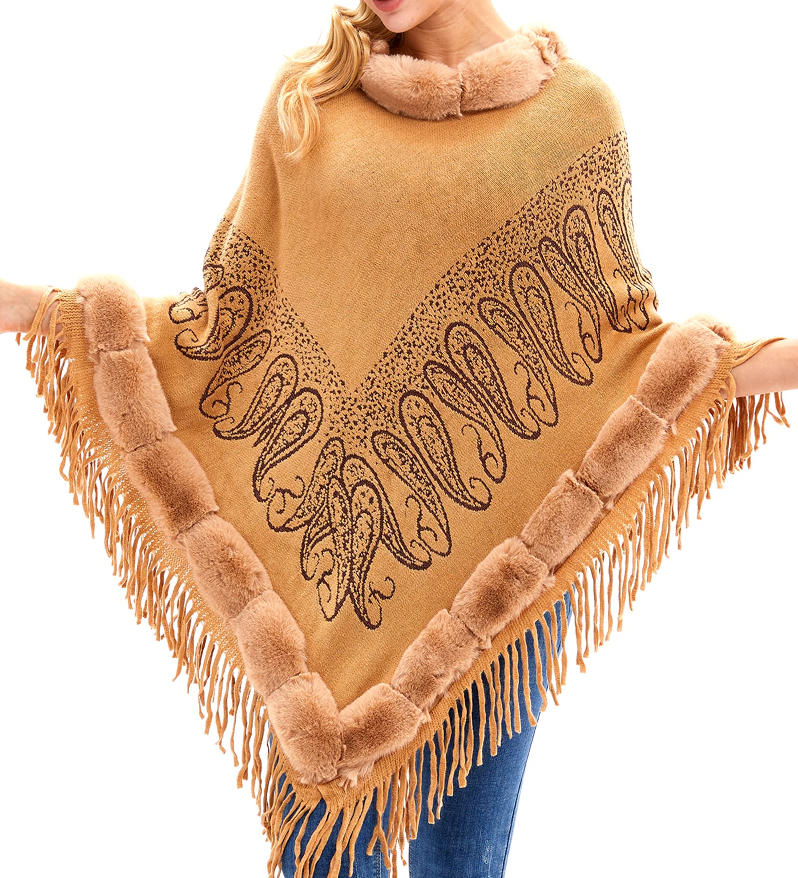 Pullover Poncho with Fur Collar Women's Cape Sweater with Fringe Warm Knit