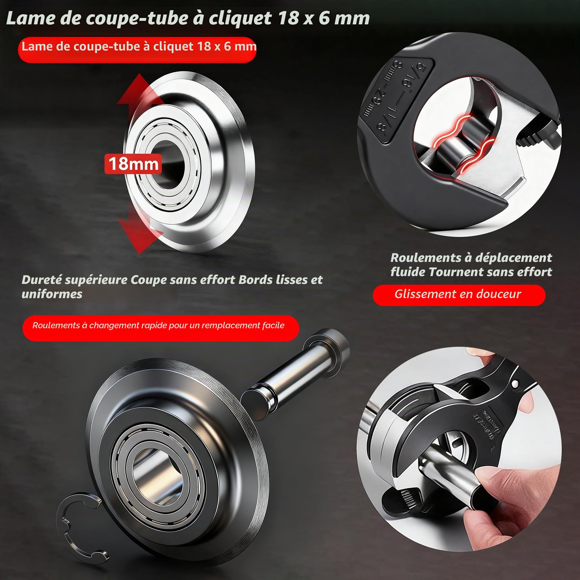 coupe tube à cliquet en acier cuivre 8-29 mm | coupe tube cuivre | coupe tuyau pour acier inoxydable PVC aluminium | avec 3 roulettes de rechange et outils d'ébavurage