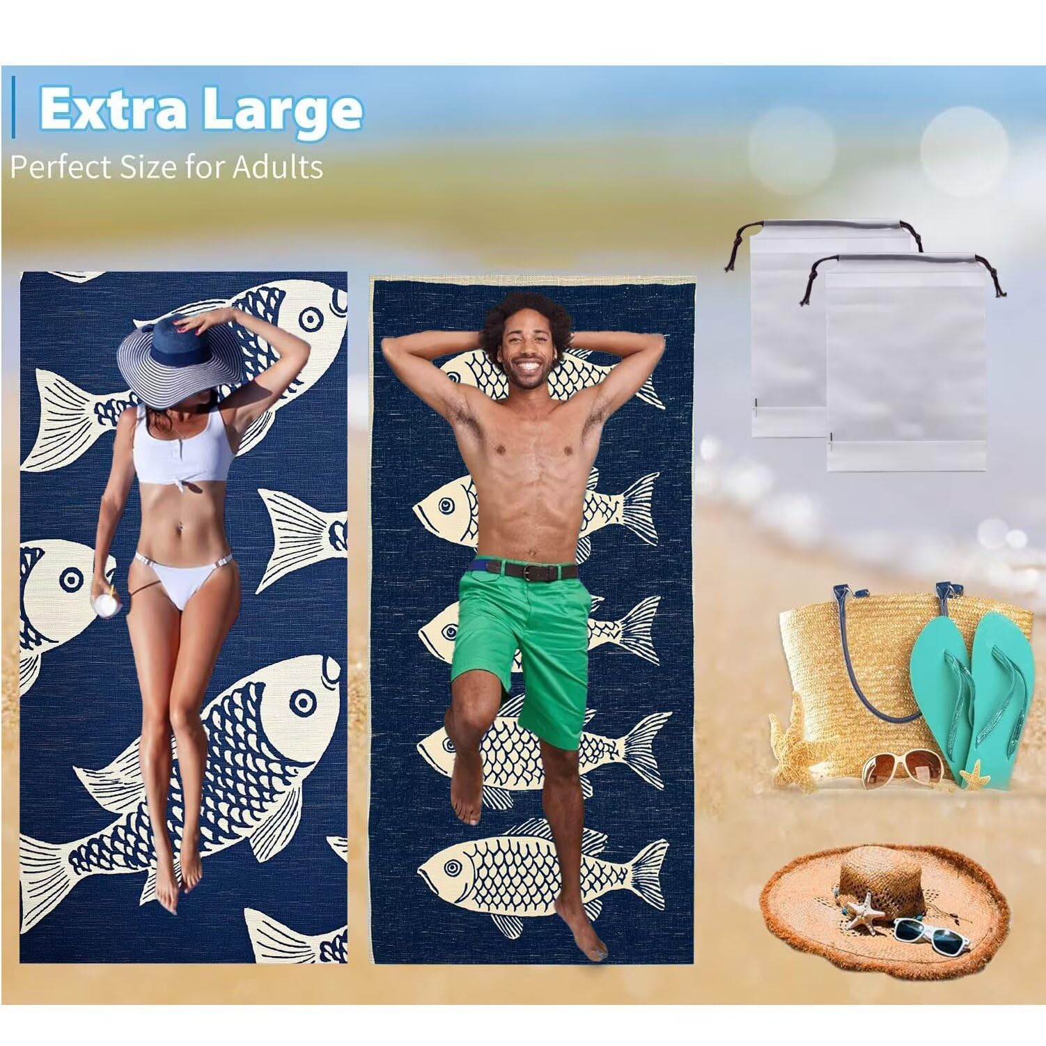 Strandtuch, Groß Strandhandtuch 100 x 200 cm 2er Set Mikrofaser Handtuch - Sandfrei Badetuch, Schnelltrocknendes Handtuch/Strandtuch XXL Saunatuch Stranddecke Zubehör (Fischbestand) V-1044