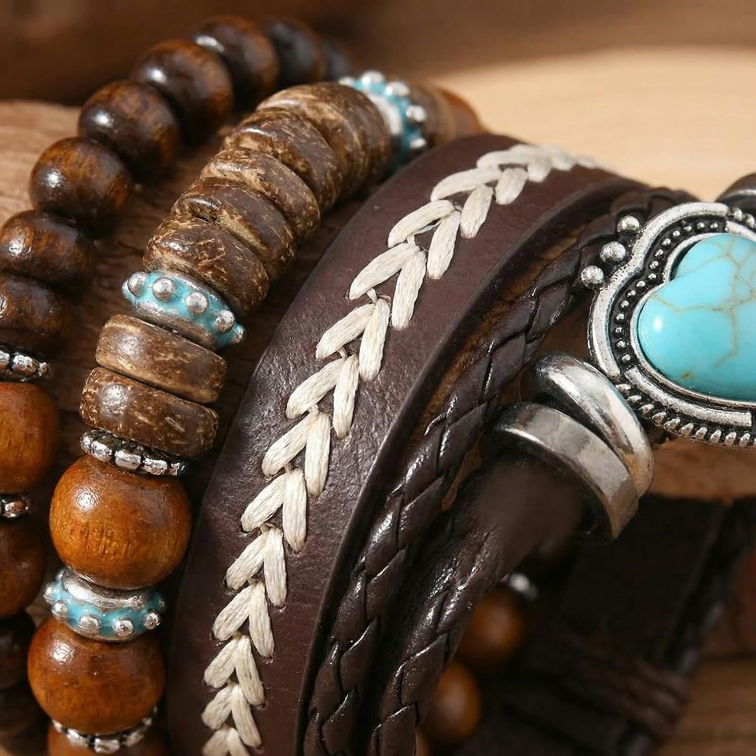 6PCS Boho Western Bracelets for Women Men,Vintage Stackable Turquoise Bracelet, Country Cowboy Cowgirl Jewelry, Multi-Layer Wooden Beaded and Braided Leather Bracelet Set