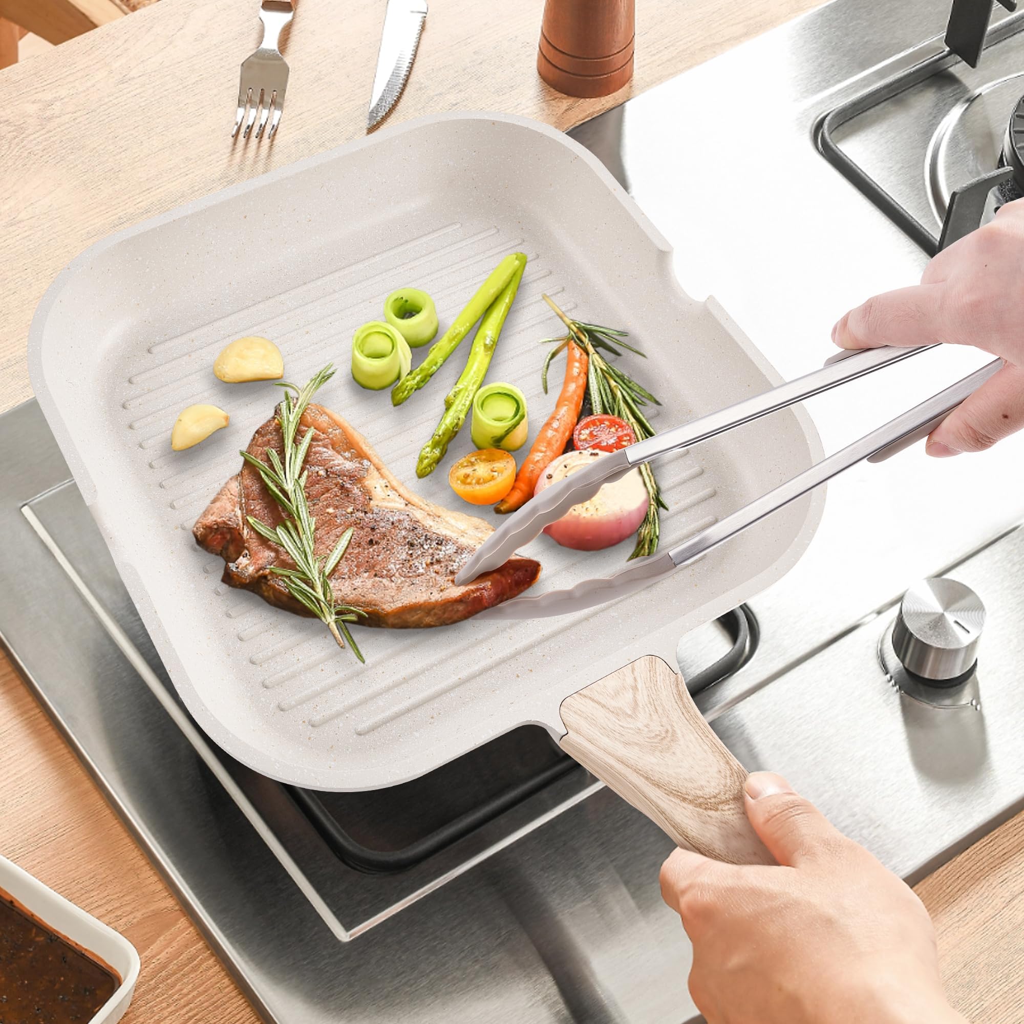 RIOVARM Induzione Set di pentole e padelle con coperchi In granito Antiaderente Set di pentole con padella per grigliare cucina essenziale Pentola Padella per salse Spatole