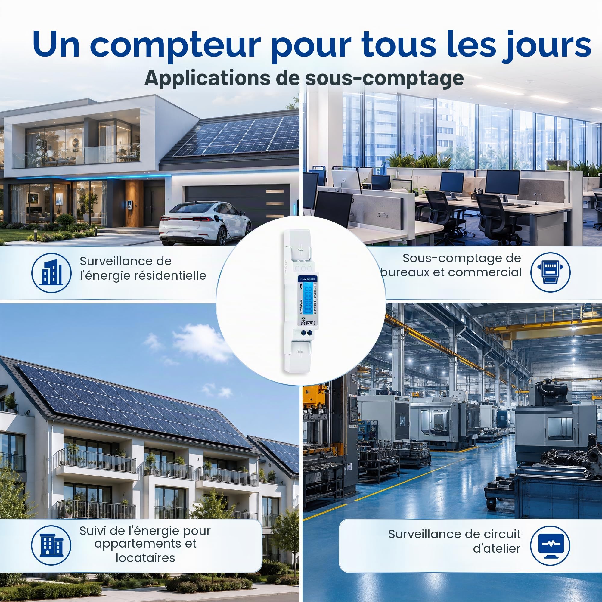 SDM120DB-MID Compteur d'électricité monophasé, sortie d'impulsion 1000imp, secteur 45A kWh, moniteur d'énergie sur rail DIN à faible coût, avec compteur d'impulsions, écran LCD rétroéclairé