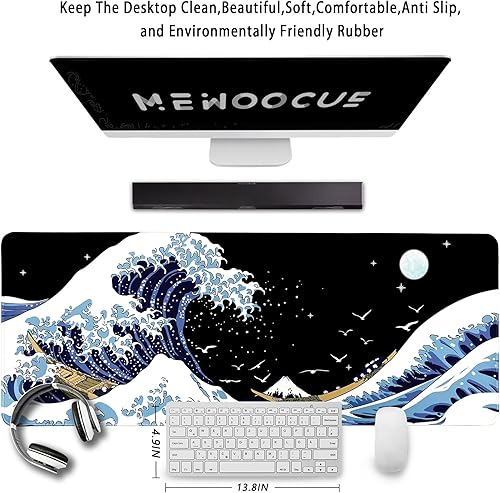 Miniatura 2 de Mousepad XXL para computador, diseño de ola de mar, para escritorio grande, impermeable y antideslizante, 31.06 x 11.8 pulgadas y grosor de 18