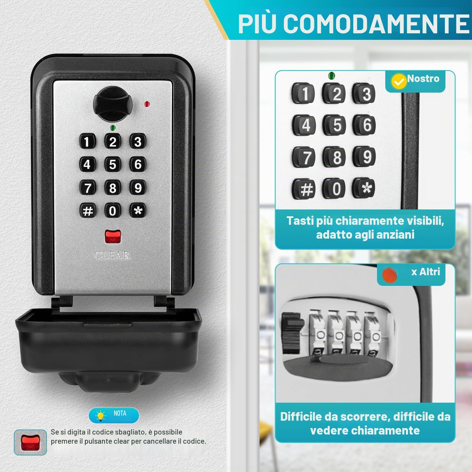 Cassetta Chiavi con Codice Cassetta Sicurezza Chiavi Grand Impermeabile Cassaforte a Muro con 12 Cifre Combinazione Codice Cassaforte per Chiavi Esterno per Casa Garage Ufficio Airbnb (Grigio)