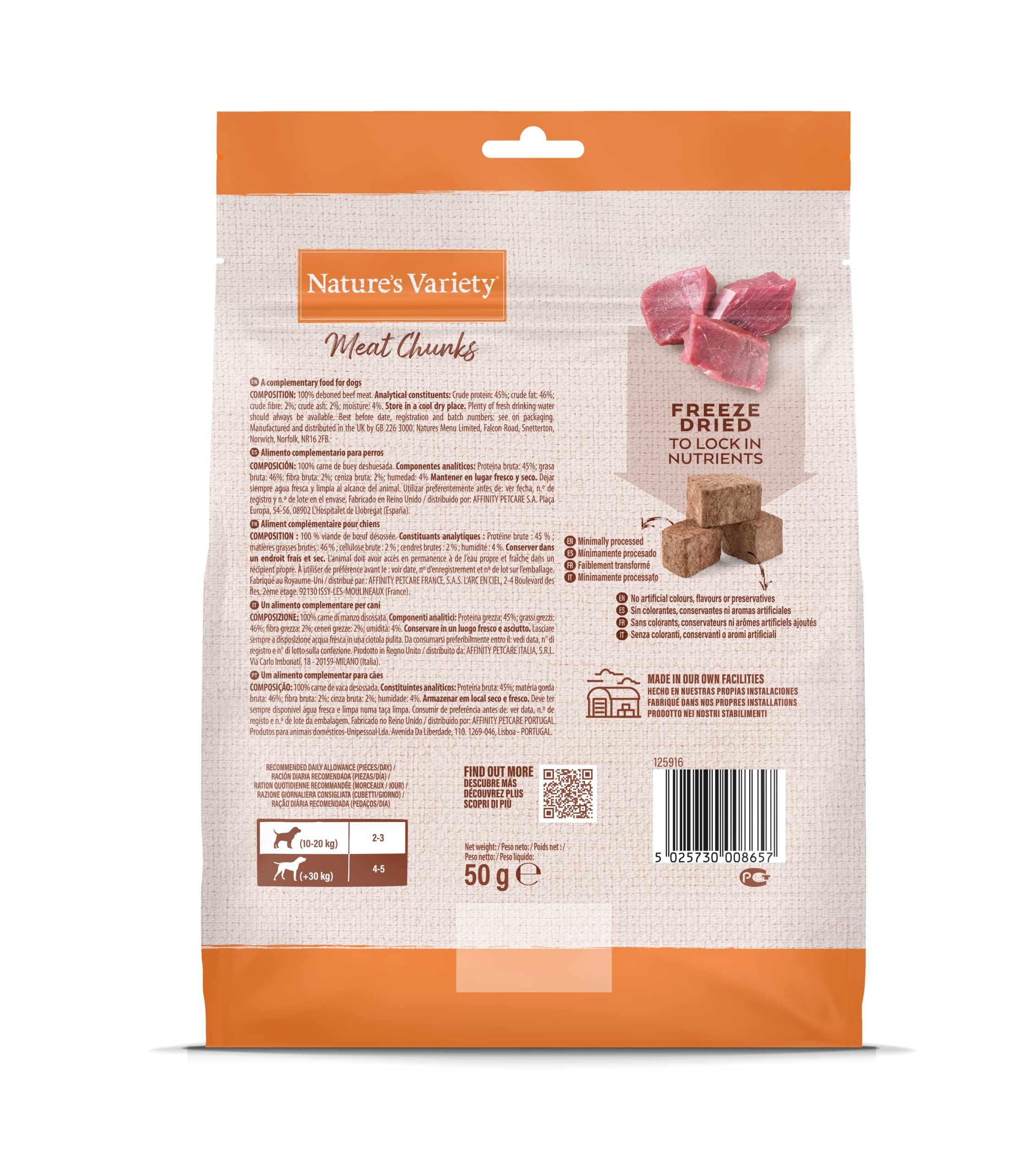Nature's Variety - Freezed Dried - Cubes de Viande de Bœuf désossée lyophilisées pour Chiens - Boîte de 6 x 50g - Total 300g