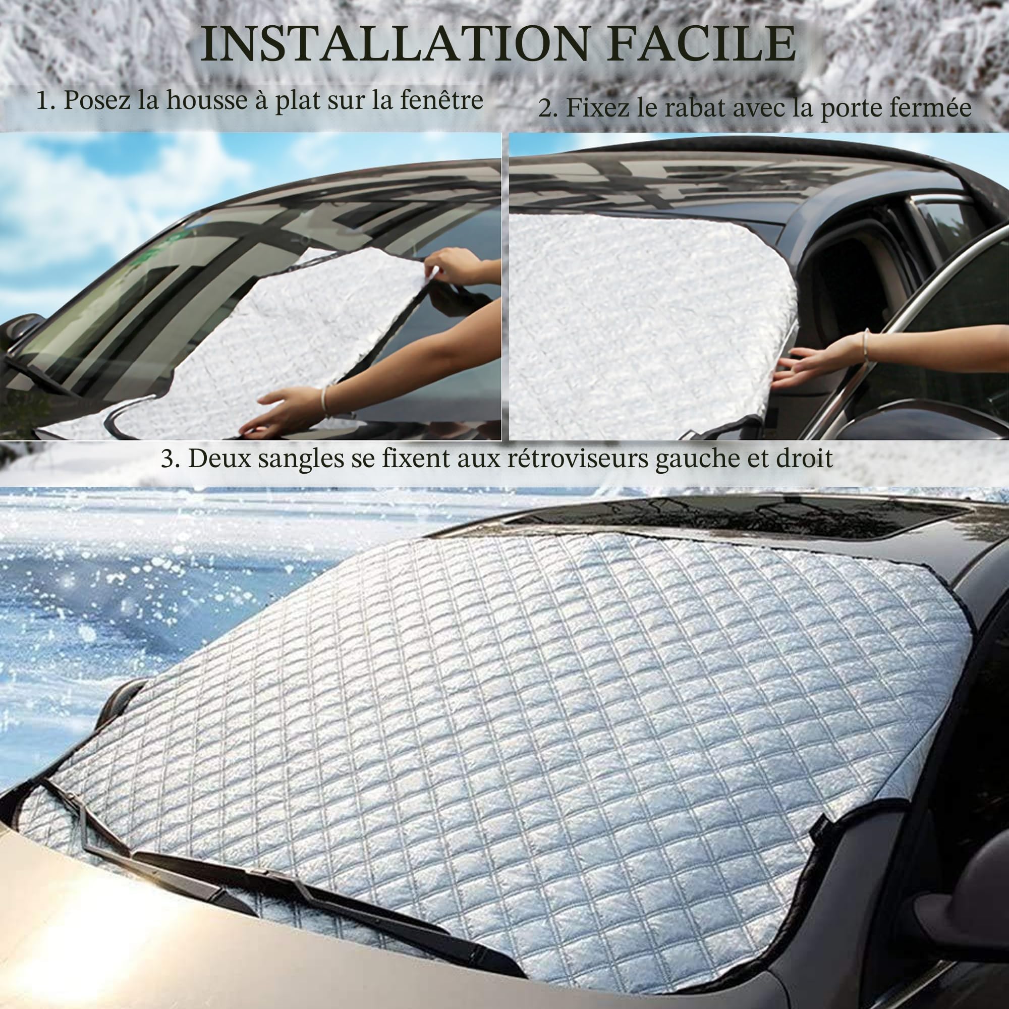 Voiture Protege Pare Brise Givre, 4 Couches de Protection Pare Brise Hiver de Voiture, Couverture Pare Brise Voiture Hiver pour Anti Givre Neige Glace UV s'adapte à la Plupart des Voitures Repliable