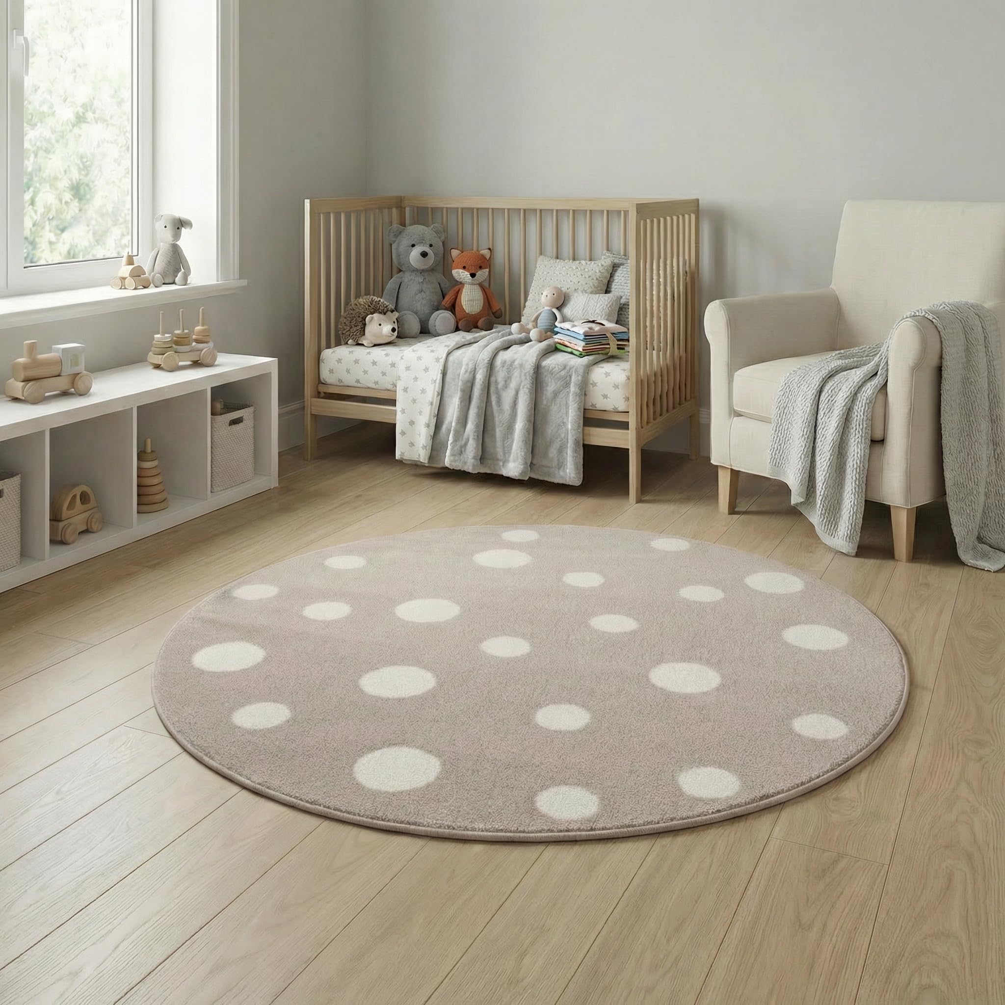 Jimri Kinderteppich DOTS l Pünktchen Gepunktet l Öko-Tex Siegel | Farbe: Beige Blau Rosa | Kinderzimmer/Jugendzimmer (Beige, Ø 150 cm Rund)
