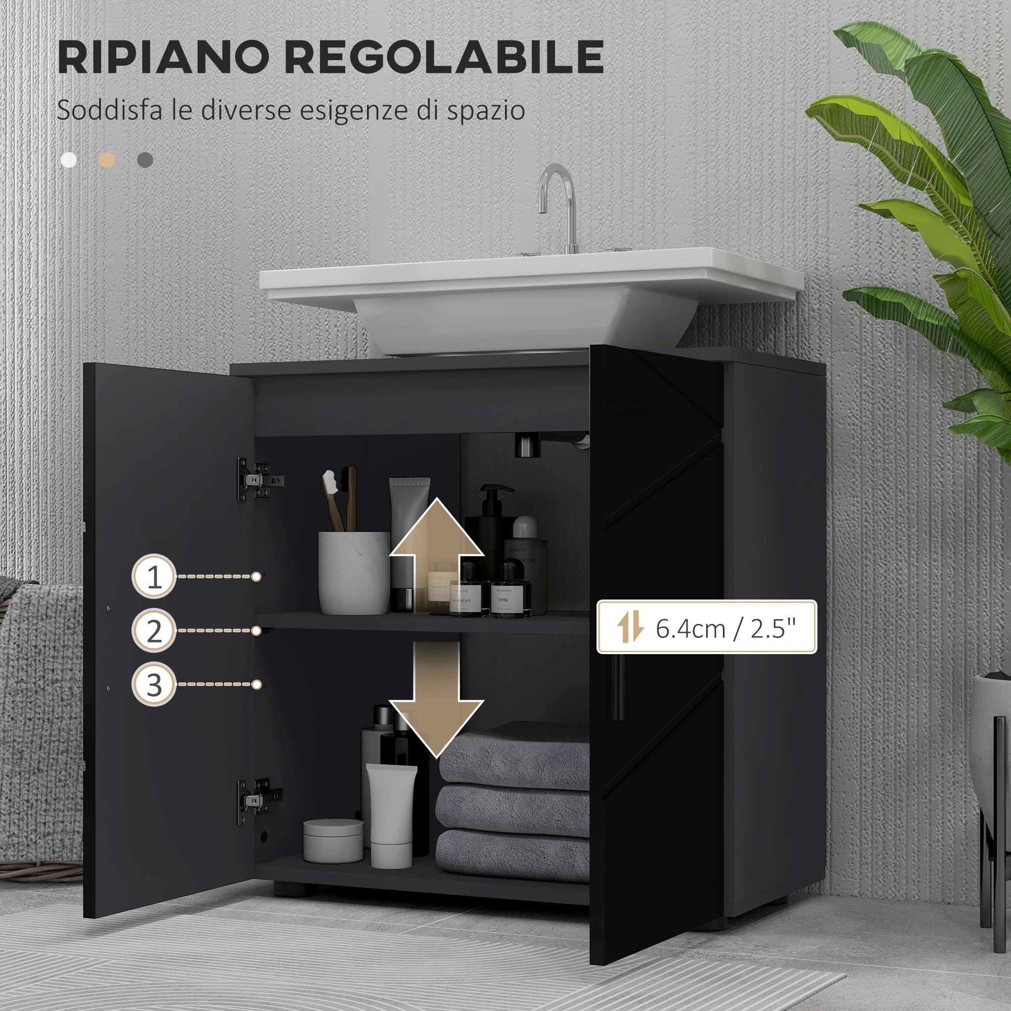 kleankin Mobile Sottolavabo con Armadietto 2 Ante, Mobiletto Bagno Sottolavandino in Legno con Mensola Regolabile, per Lavabi con o Senza Colonna, 60x30x60cm, Nero e Grigio Scuro