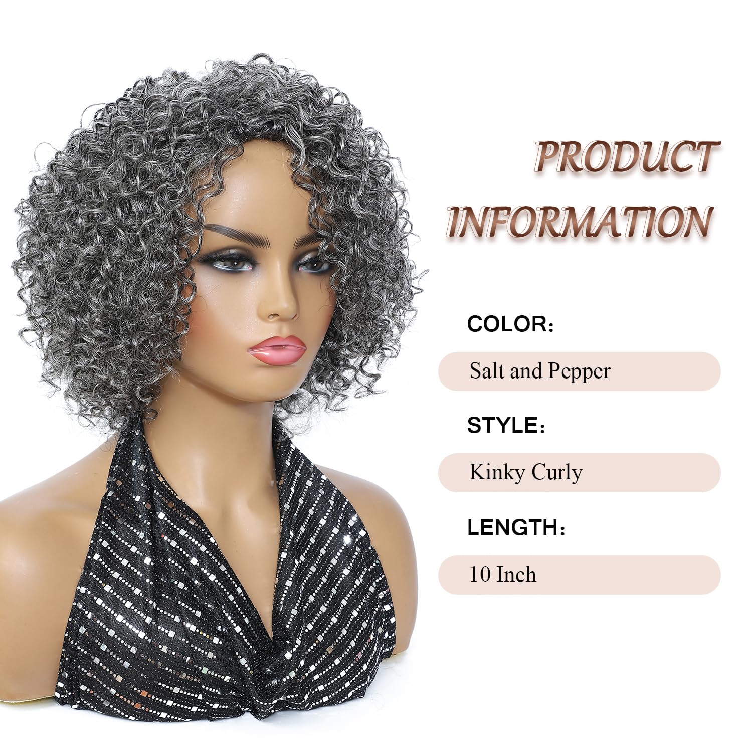 HUA Grey Wig for Women Human Hair Glueless Kinky Curly Salt and Pepper Wigs for Black Women Short Curly Wear and Go Glueless Wig for Old Lady Non-Lace Bob Gray Wigs Human Hair Mixed