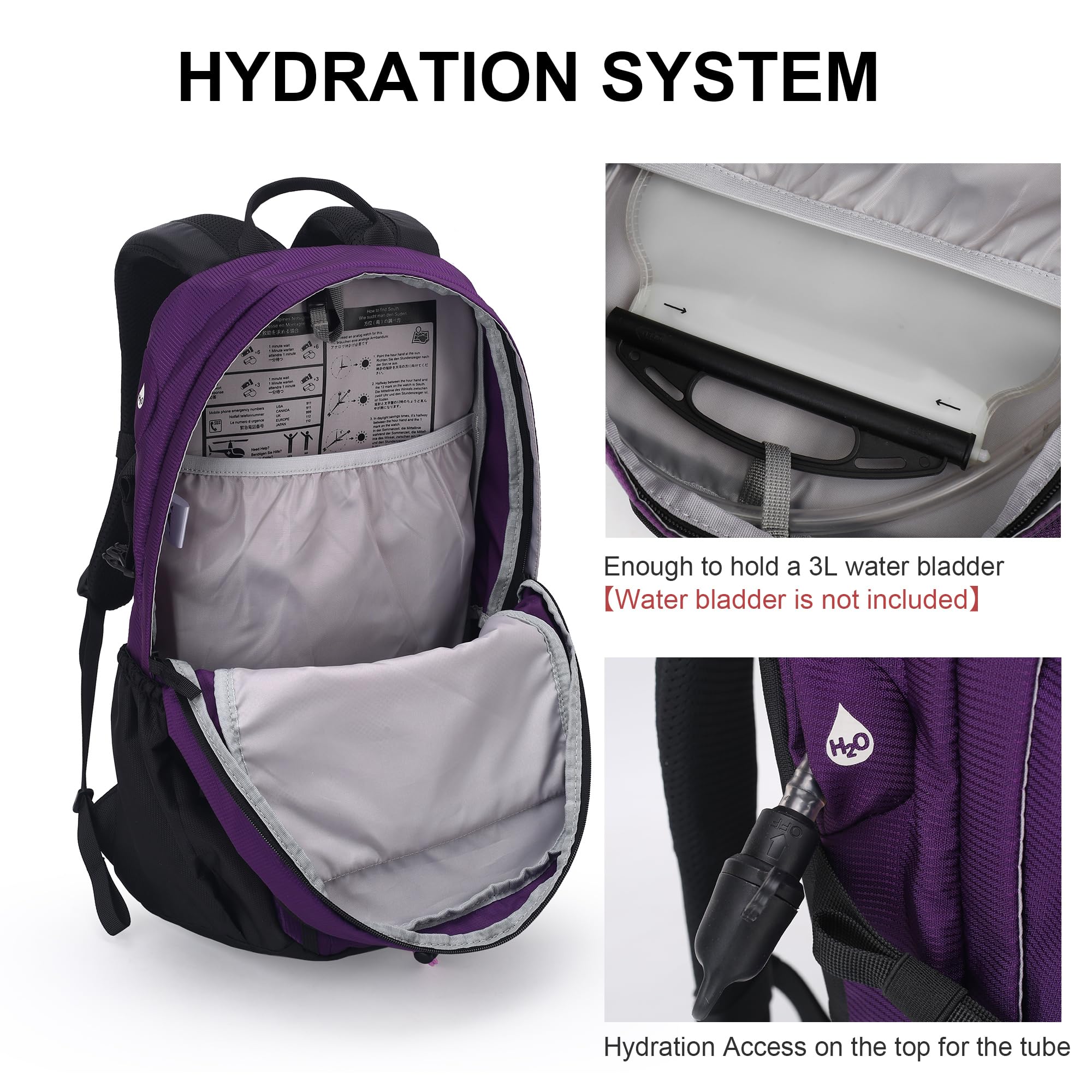 Mountaintop Sac à dos de trekking 25 l/30 l pour homme et femme avec housse de pluie pour la randonnée, 25 l - Violet, 25L, Pour l'extérieur