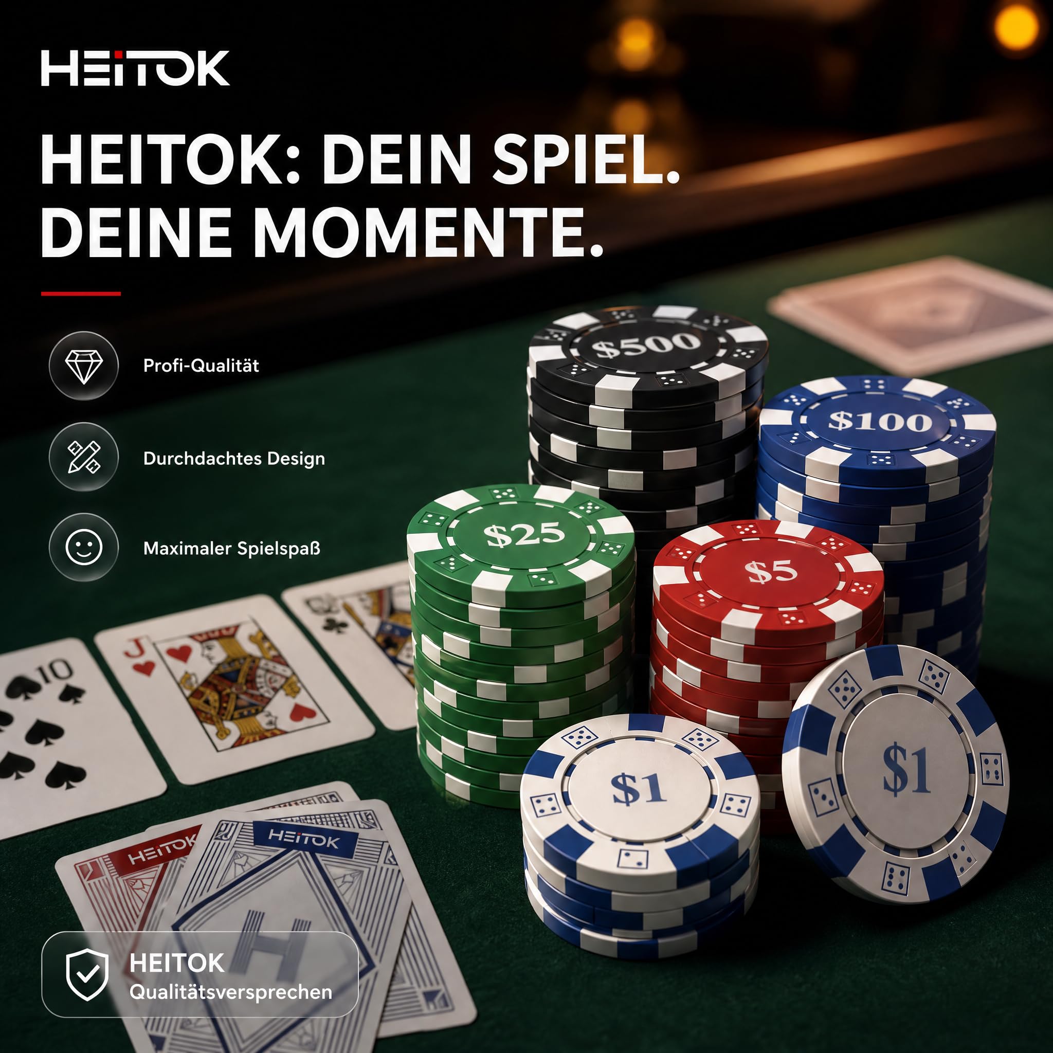 HEITOK Pokerkoffer 500 Stück – Premium Texas Holdem Set mit 11,5g Laser Chips & Alu-Koffer für 10 Spieler | Aluminiumkoffer mit Dealer und Blind Buttons, für 2-10 Spieler, Texas Holdem, organisierte Kartenrunden, zu Hause