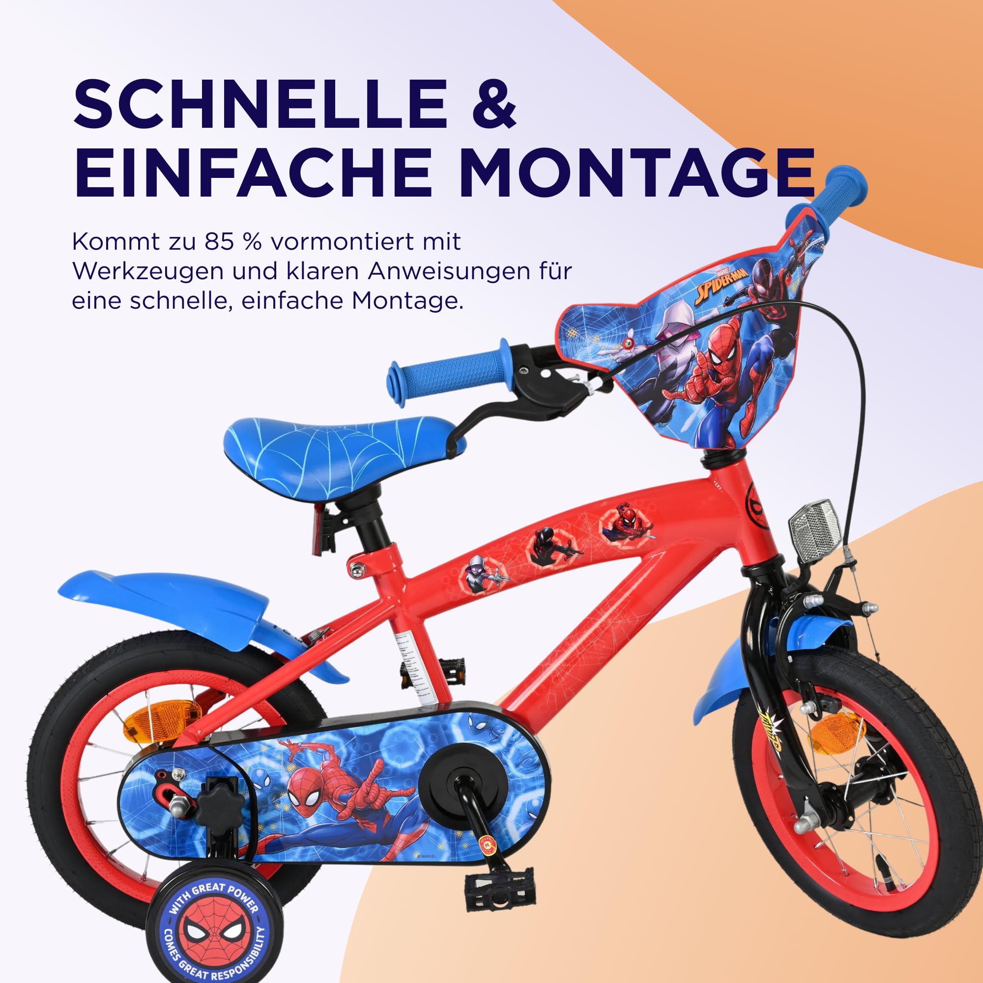 Volare Spider-Man Kinderfahrrad 14 Zoll | 3,5–5 Jahre | Hand- & Rücktrittbremse, Stützräder, Kettenschutz, Reflektoren | Verstellbarer Sattel | Geschenk für Jungen & Mädchen