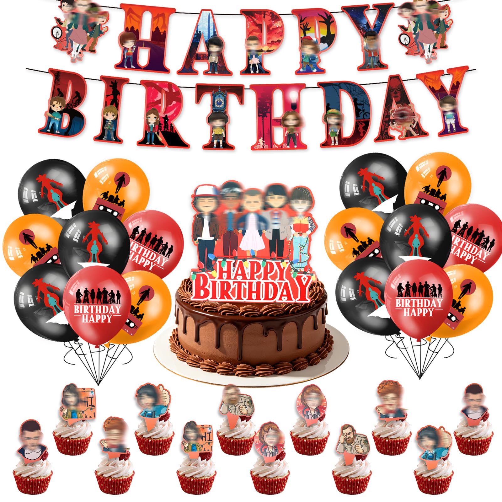 32PCS Strange Birthday Decorations, Balloons Cake Toppers with Happy Birthday Banner, Party Decorations for Kids Boys Girls