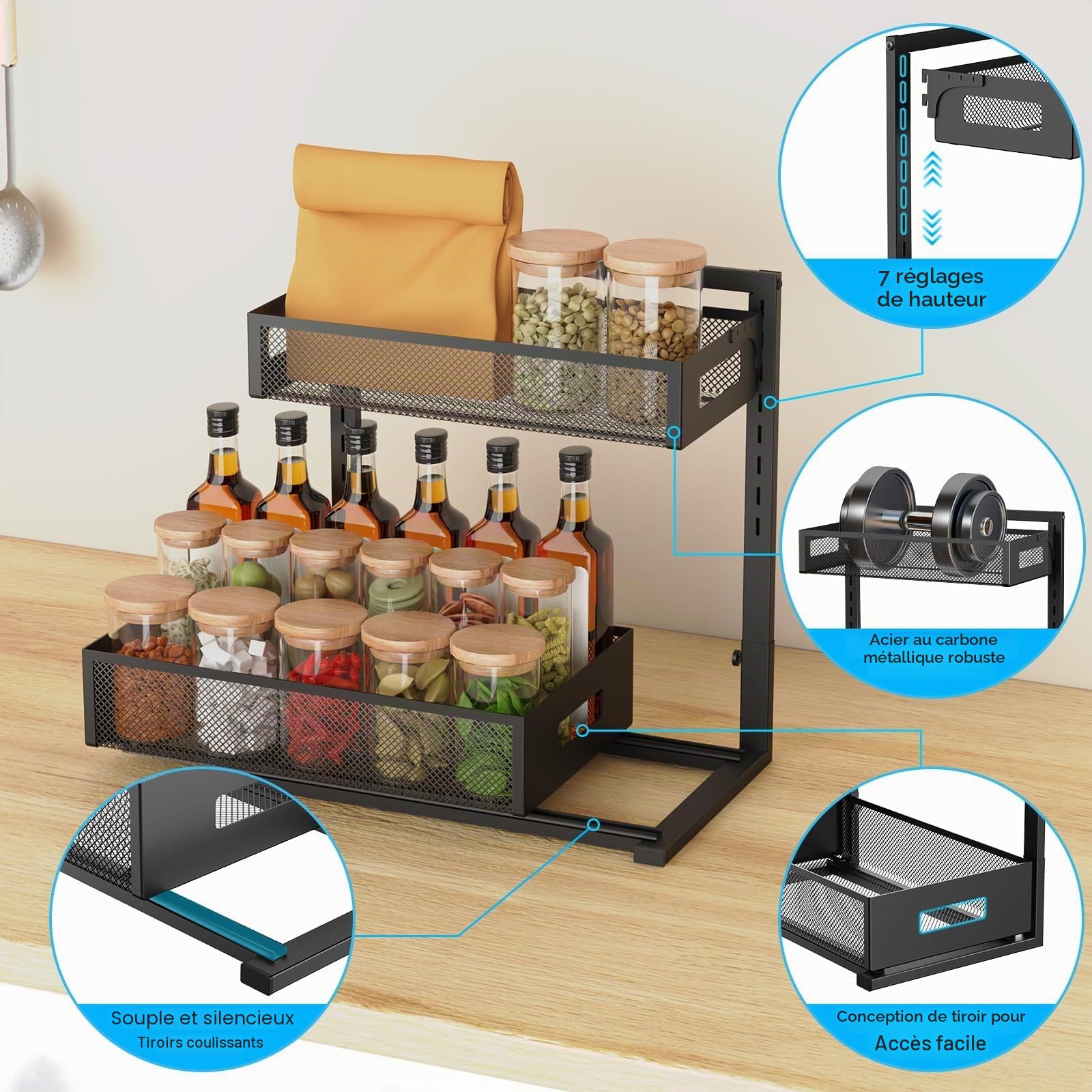 Organiseur de salle de bain à 2 niveaux à hauteur réglable avec tiroirs coulissants, organiseurs de cuisine et de rangement pour réfrigérateur (1 pièce)