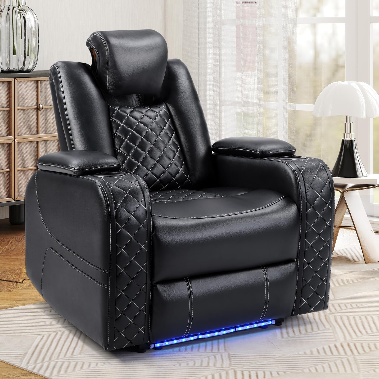 ANJ Modern Power Recliner Chair with Adjustable Headrest, LED Lights, USB Port & Cup Holder, Overstuffed Faux Leather Recliner with Storage Pocket for