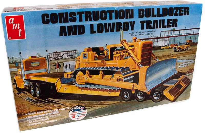 Lowboy Trailer & Bulldozer Combo 1:25 Scale Model Kit (AMT1218),Black