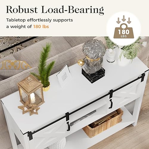 Miniatura 7 de Mesa de entrada de granja con almacenamiento, mesa consola de 46 pulgadas con puerta corrediza de granero, mesa de sofá rústica de madera con