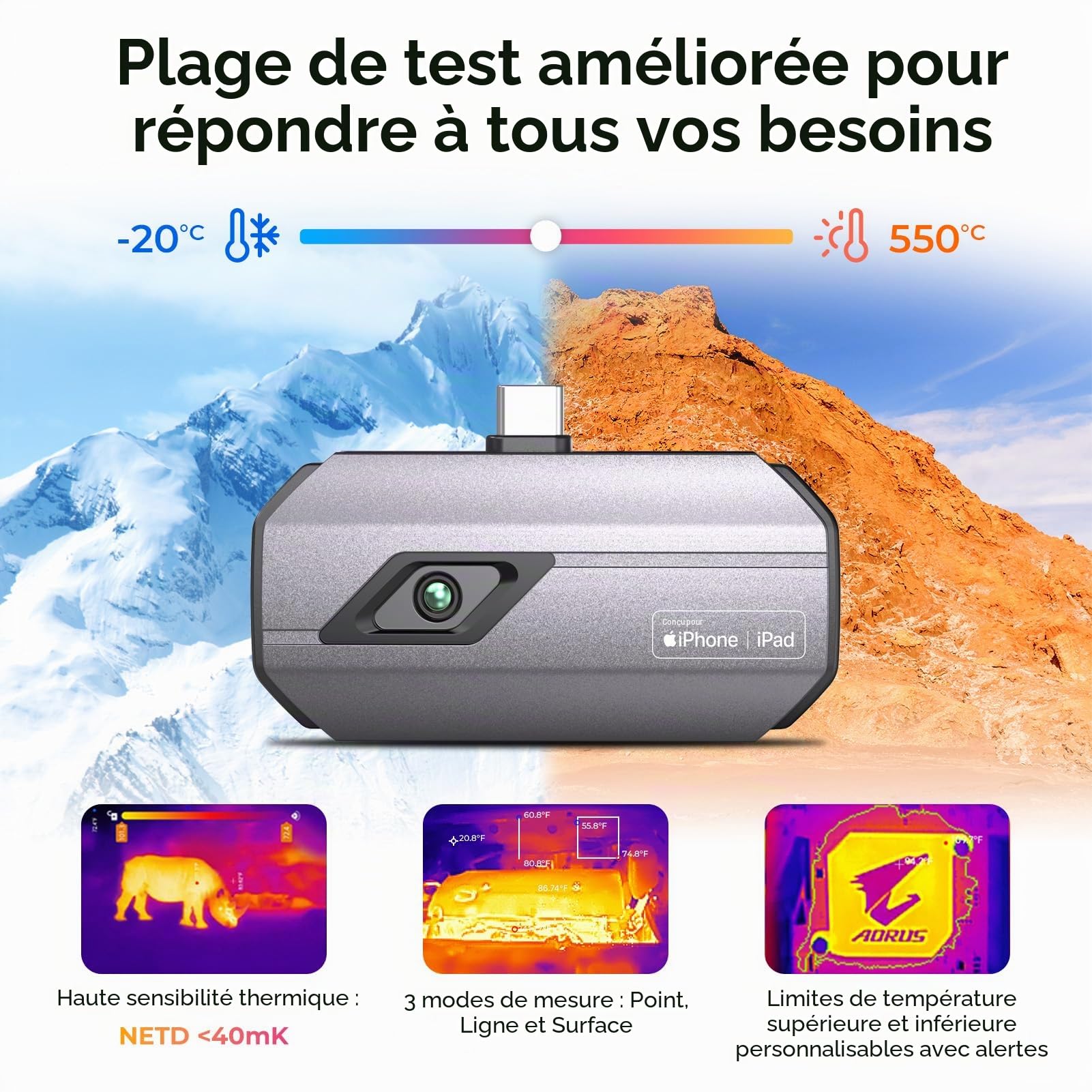 TOPDON Caméra thermique TC002C pour iPhone 15/16, 512x384 TISR haute résolution, -20°C à 550°C avec rapport de test infrarouge, 25Hz, Imageurs thermiques avec port Type-C pour l'électricité