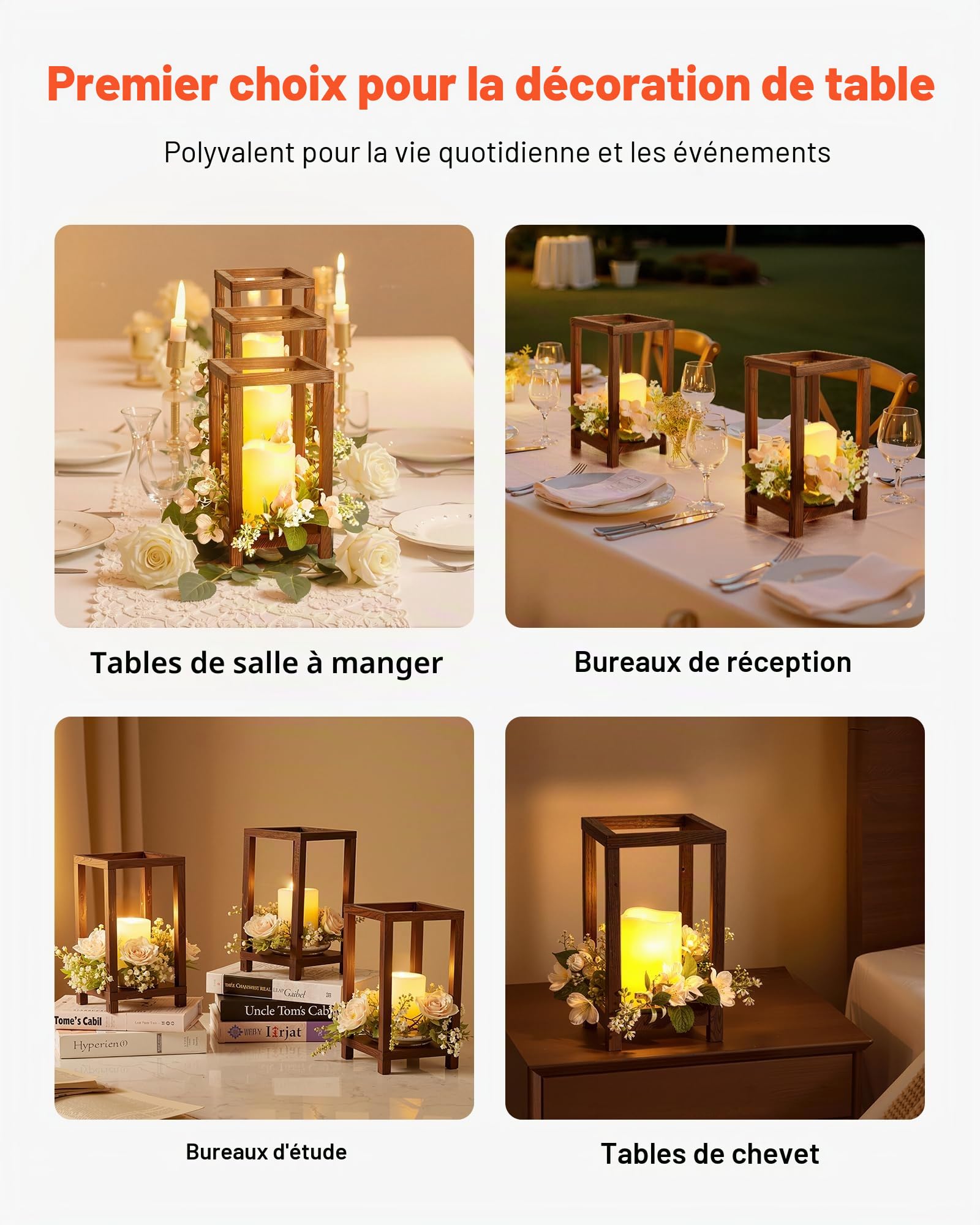 VEVOR Lanterne de Mariage en Bois, Lot de 10, Lanterne Décorative avec Bougies LED sans Flamme, Couronnes de Fleurs Artificielles, pour Centre de Table de Mariage, Fête, Décoration Intérieur, Marron
