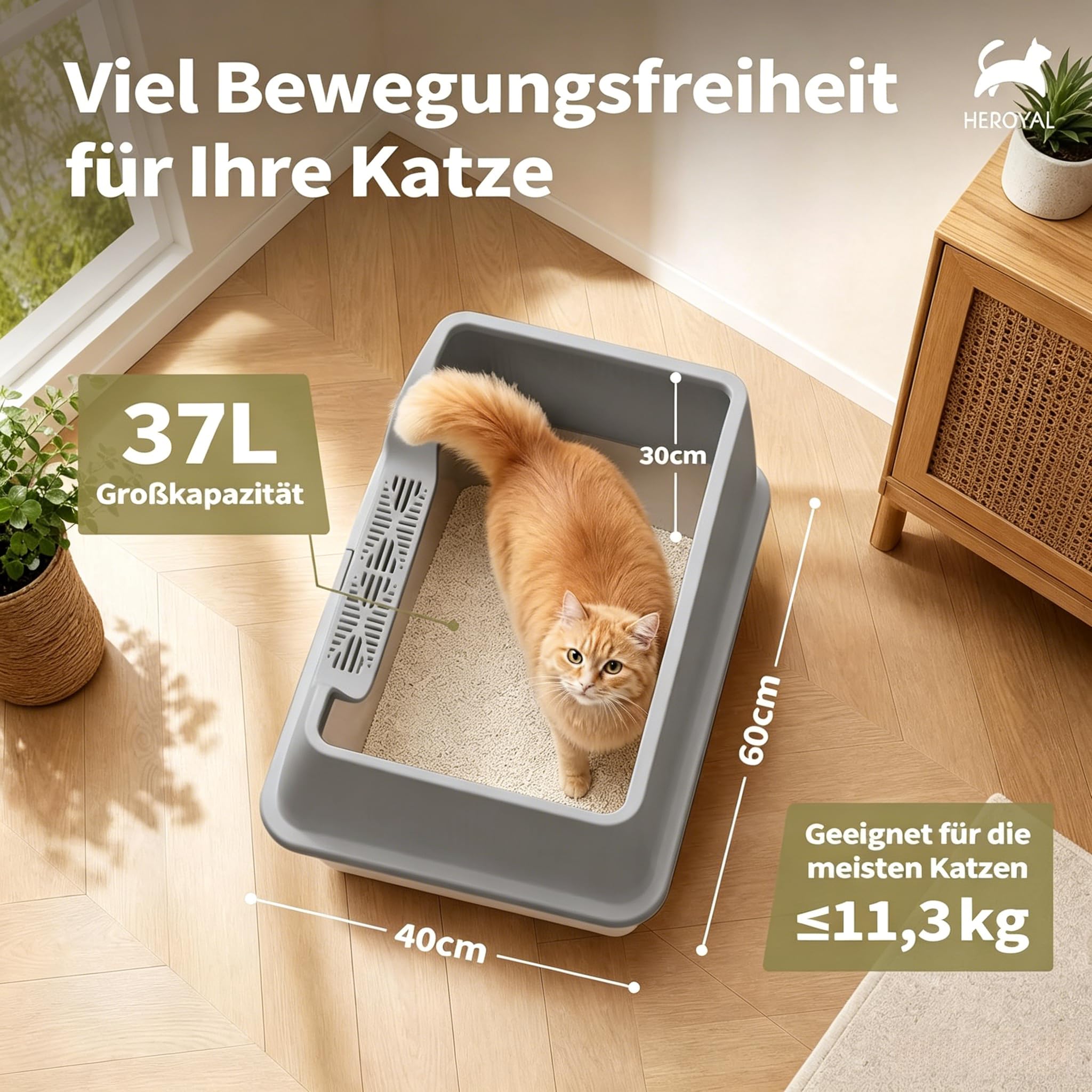 Katzenklo Edelstahl XXXL mit DIY-Aufkleber (60x40x30cm), 37L Katzentoilette Edelstahl mit Deckel, Große Kapazität, Auslaufsicher&Spritzsicher, einfacher EIN- und Ausstieg, Einfach zu Reinigen