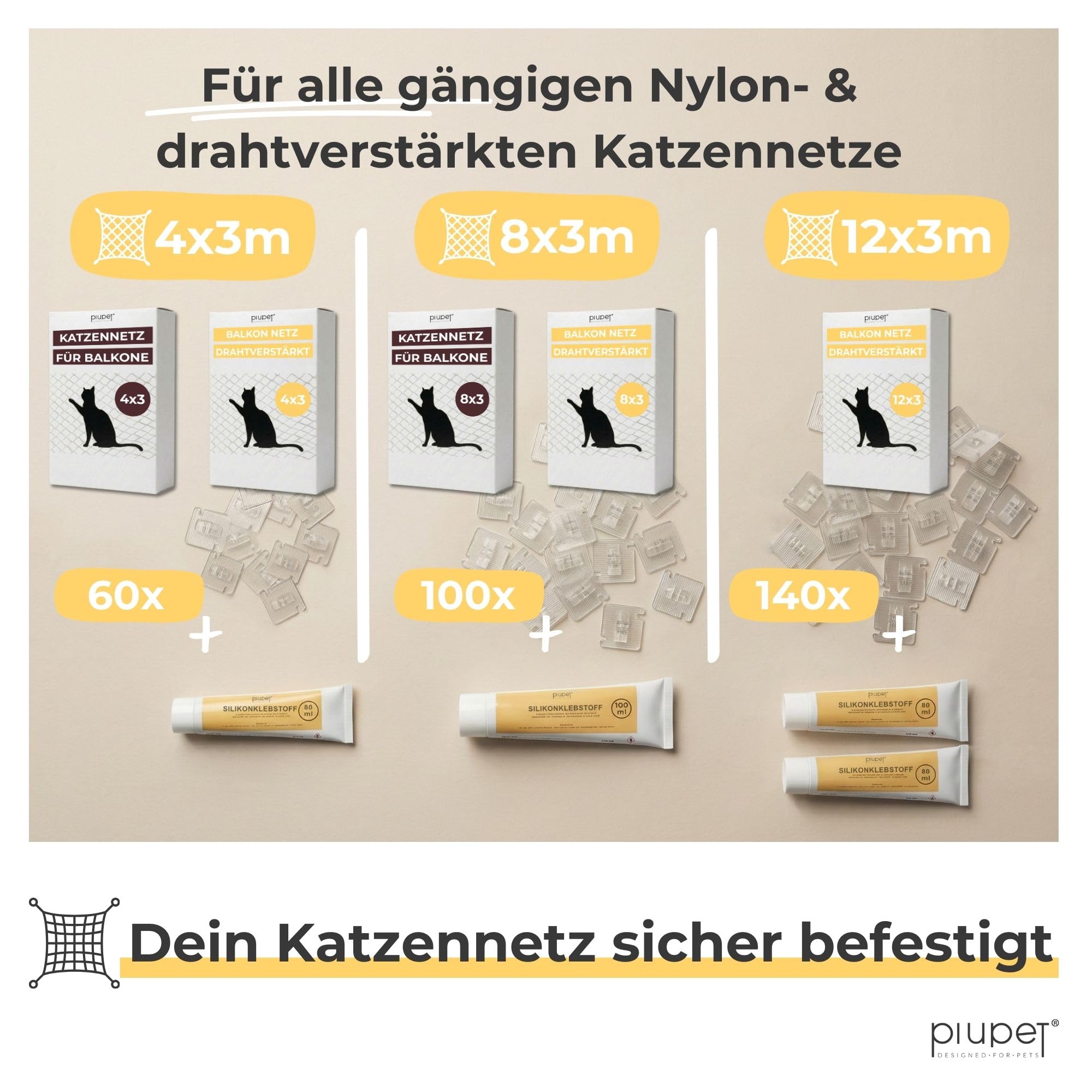 PiuPet® Klebehaken für Katzennetz ohne Bohren I Katzennetz Befestigung Balkon & Fenster ohne Bohren I transparente Haken mit Montagekleber I wetterfest (140 Haken + 2 x 80 ml Kleber)