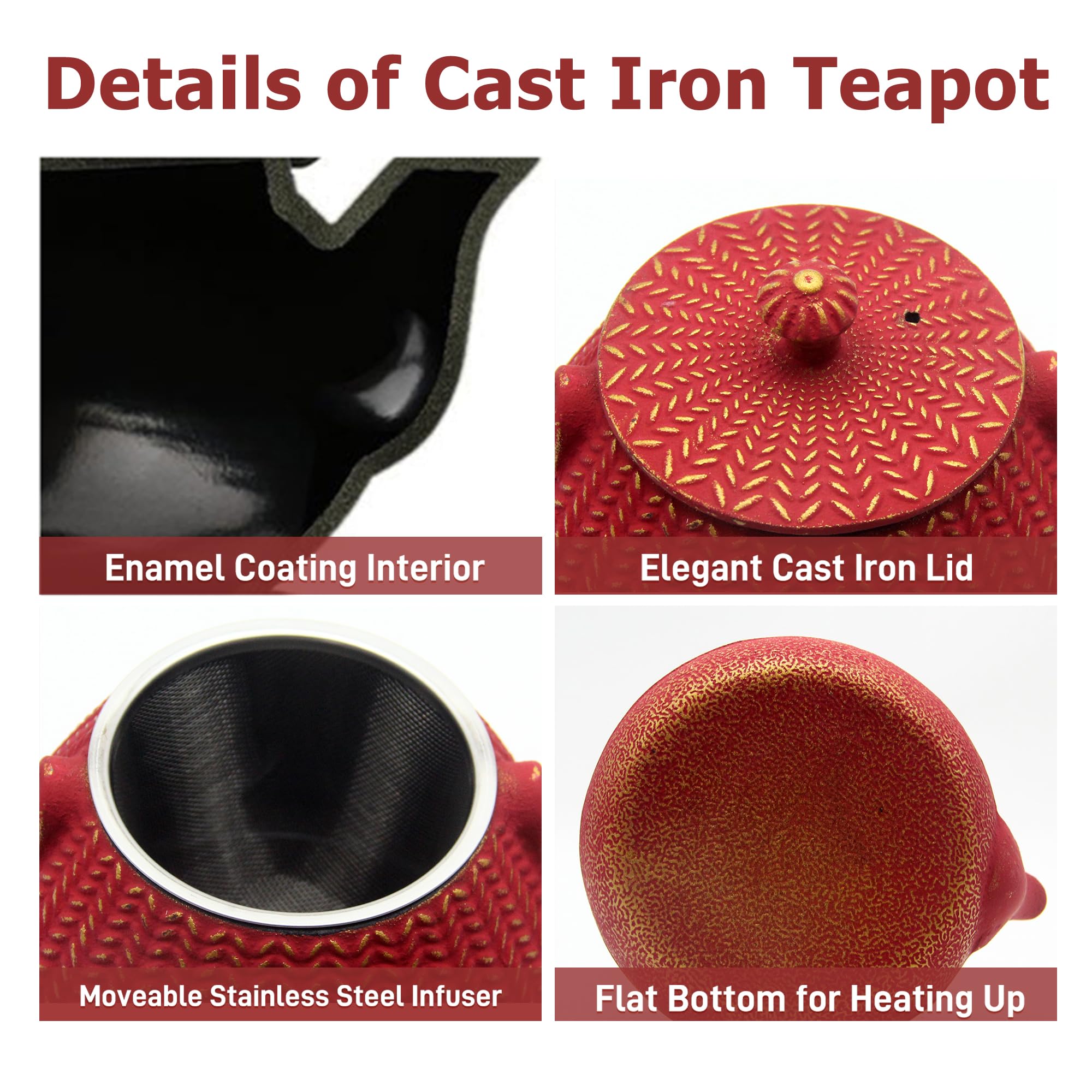 Tetera pequeña de hierro fundido para estufa, tetera roja recubierta con interior esmaltado, tetera duradera con infusor de acero inoxidable para hojas sueltas (1000 ml)