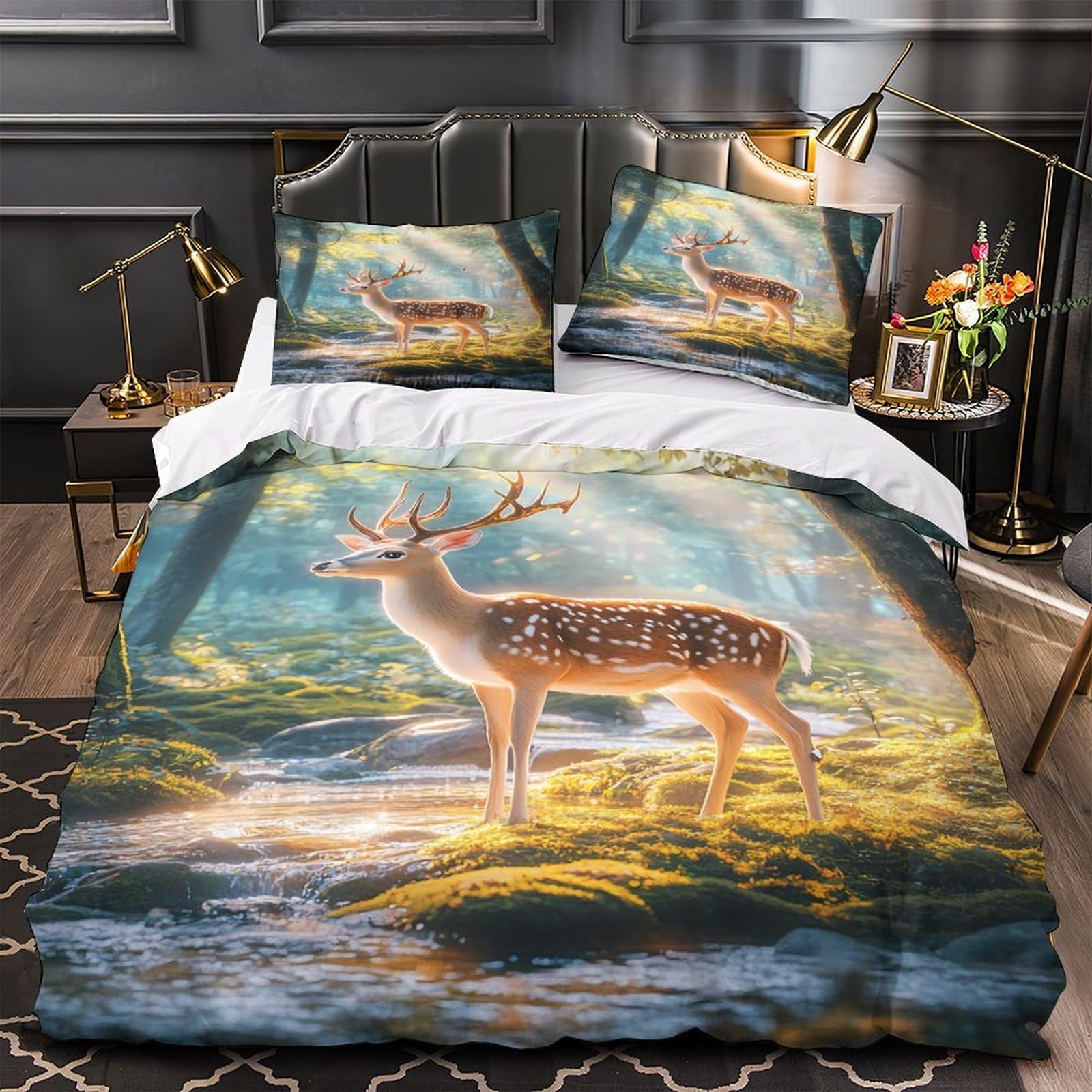 MMDASBVPE Forest Deer Standing Comforter Cover 3D Design Printed Luxurious 3 Piece Bedding Set Zipper Quilt Cover Super Soft Anti-allergic for Kids Adults Women Girls Boys Teens Super king（260x220cm）