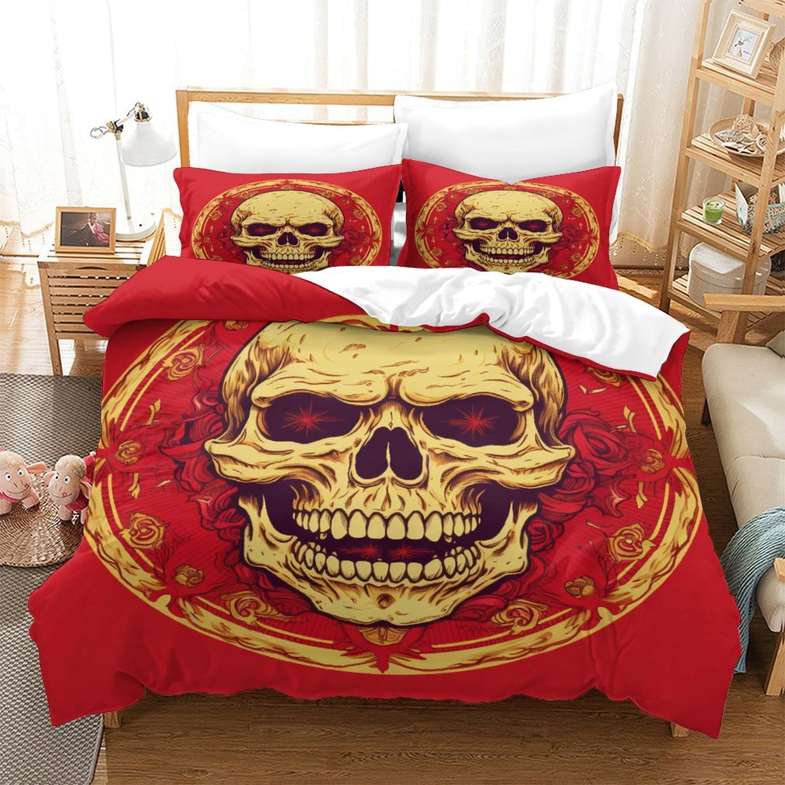P1S9U7W5Y Gothic Red Skull 3D Printed Duvet Cover Set 3pcs Microfiber Skull Bedding Set King