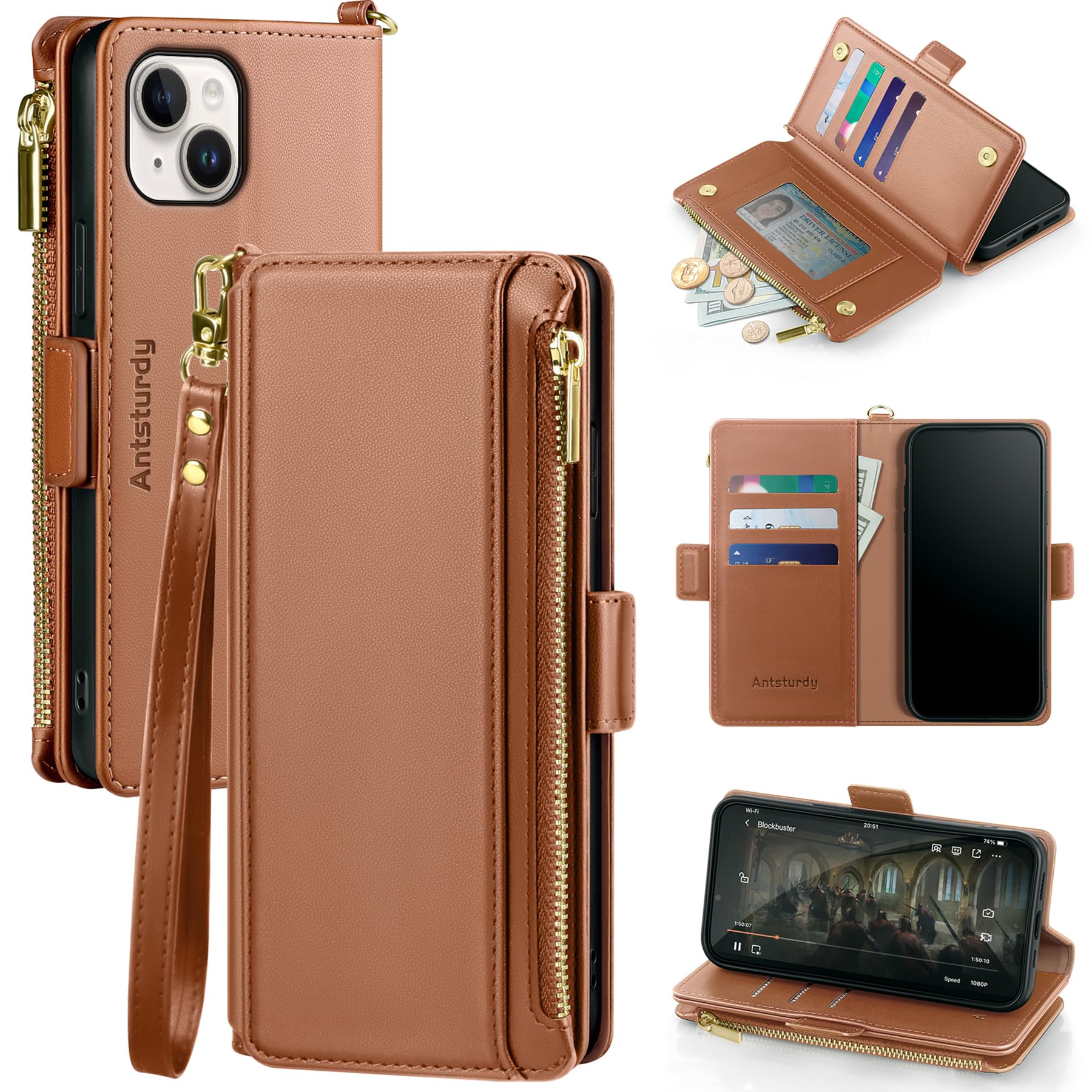 Antsturdy Compatible with iPhone 14 Plus Wallet Case【RFID Blocking】 PU Leather Phone Case Women Men Flip Shockproof Cover Strap Zipper Pocket Credit
