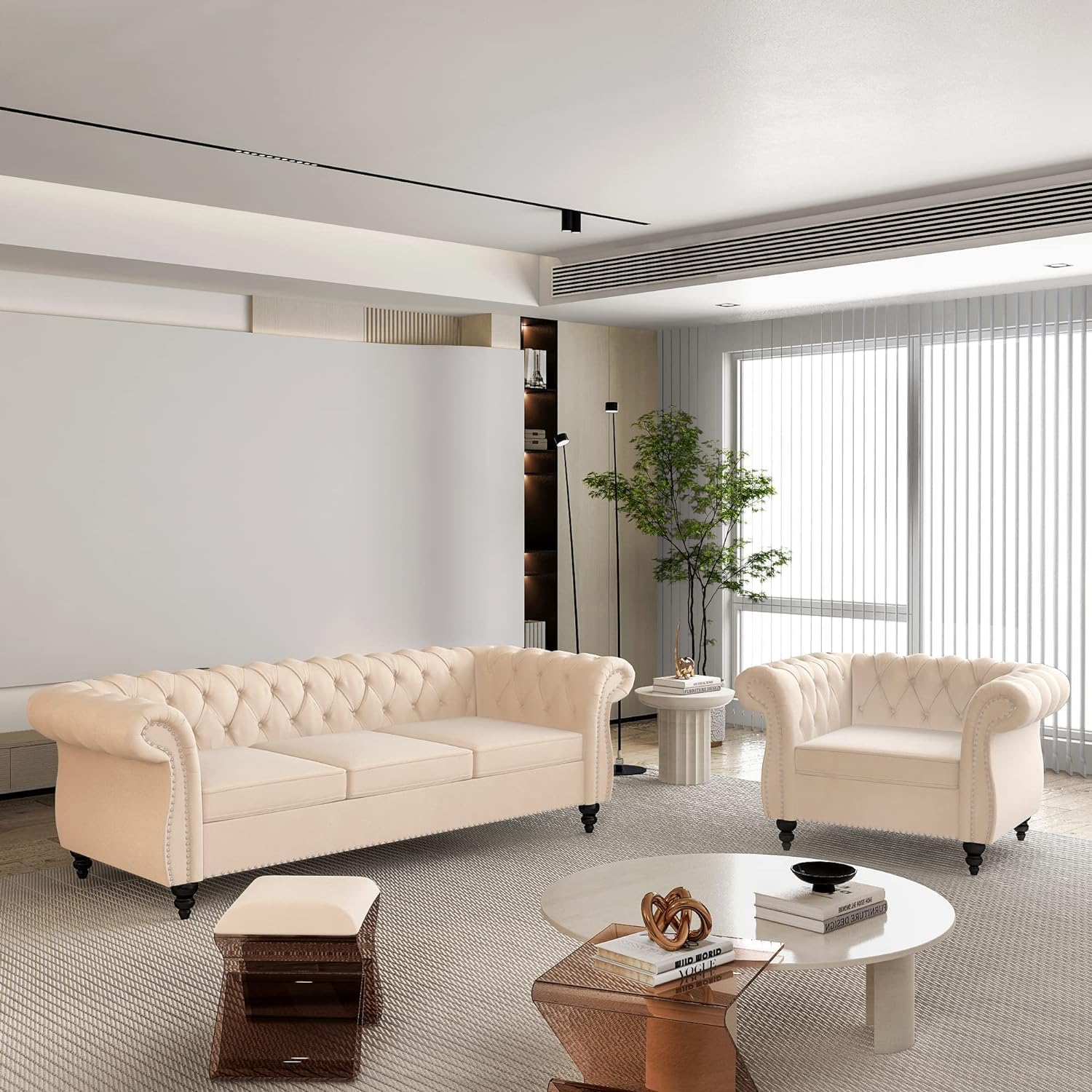 Modern & Classic 4 Seater Fabric & Valvet Tufted 3+1=4 Chesterfield Sofa for Living Room, Dining Room, Hallway and Office=(Beige).