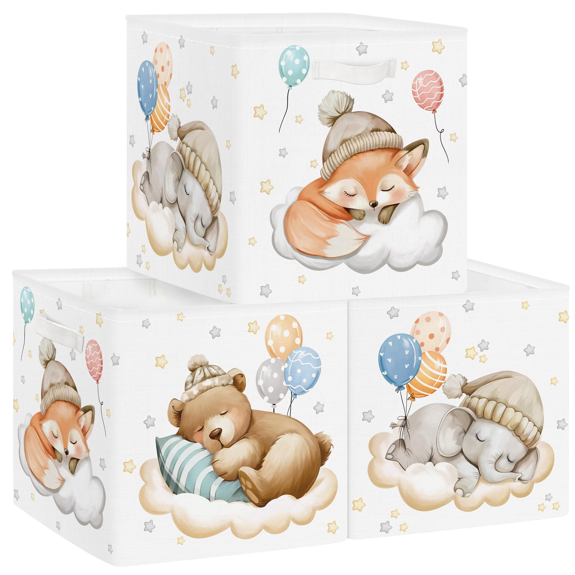 HUUMONSS 30cm Aufbewahrungsbox 3 Stück Schlafende Tiere Aufbewahrungskorb Kinder Falt Bär Sterne Ballon mit Griffen Aufbewahrungswürfel Organizer für Spielzeug Bücher Kleidung,Fuchs