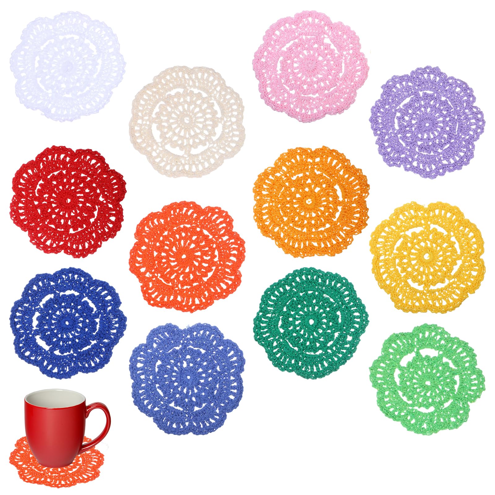 Photo 1 of 12 Pcs 4 Inch Crochet Lace Crochet Doilies Flower Shape Round Placemats Colorful Doilies for Cups Coasters Handmade Crochets Cotton Coaster Floral Patterns Coasters Small Vintage Lace Fabric Coaster