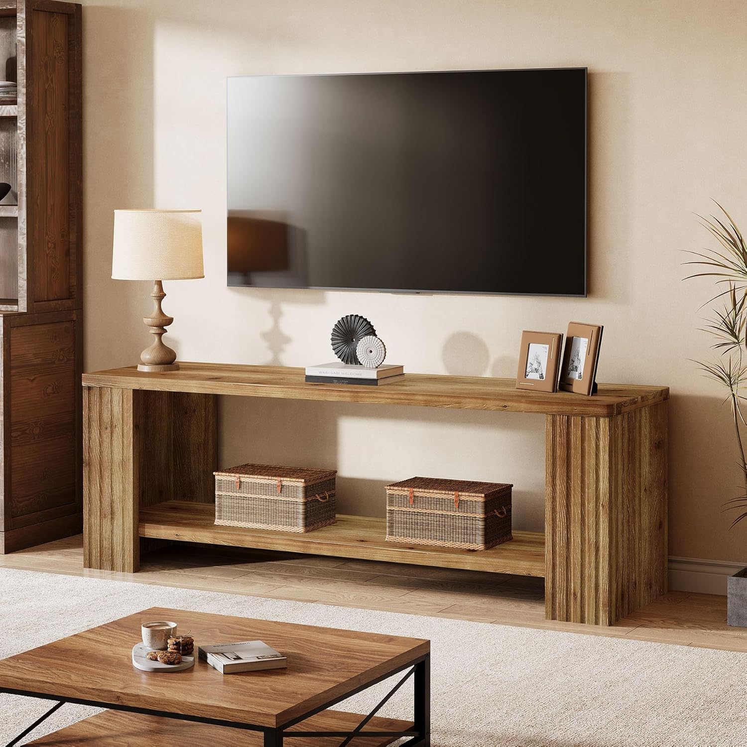 Solid Wood TV Stand for 55/60/65/75-Inch TVs, Farmhouse Entertainment Center with 2-Tier Storage Shelf, 63" Fluted TV Consoles for Living Room, Bedroom (Rustic Brown)