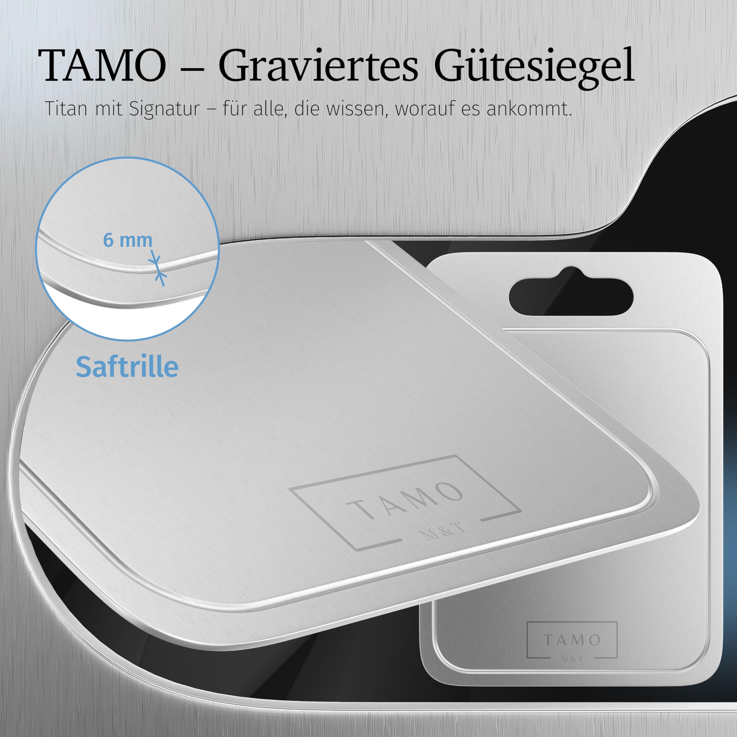 TAMO Titan Schneidebrett, mit Saftrille, aus 100% reinem Titan, hygienisch, antibakteriell & langlebig, titanium chopping board, ideal für Fleisch, Obst, Gemüse, Küche, Camping & Outdoor (L)