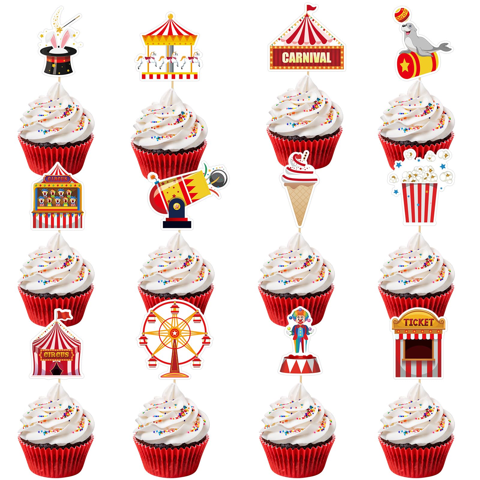 48 Pcs Circus Cupcake Topper Carnival Cupcake Toppers Circus Carnival Birthday Party Decorations Picks for Kids Birthday Baby Shower Circus Theme party decorations Carnival Party Supplies