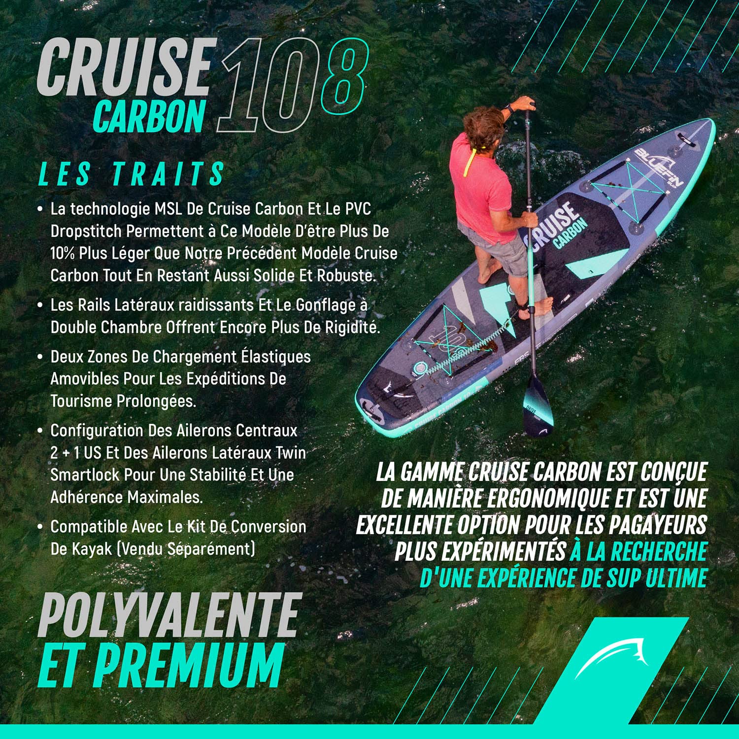 Bluefin Cruise Carbon Sup Stand Up Paddle Gonflable | Accessoires de Planche à pagaie Haut de Gamme | Plusieurs Tailles : 10'8, 12', 15'