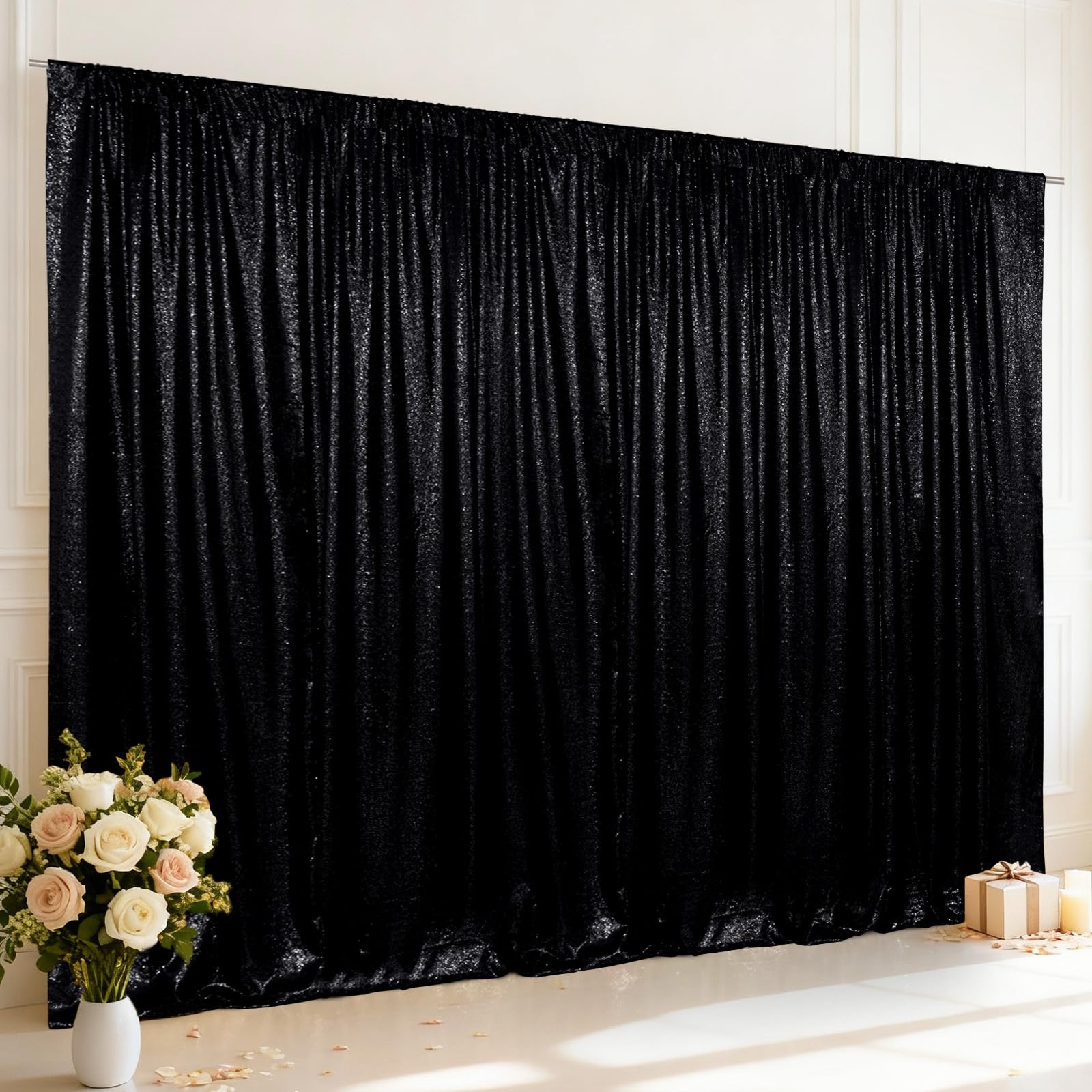 SquarePie Sfondo con paillettes opaco in raso non trasparente Photo Booth Fotografia Sfondo Selfie Wall Video Live scintillante Tenda per matrimonio Patry 3,2 x 2,5 m, nero