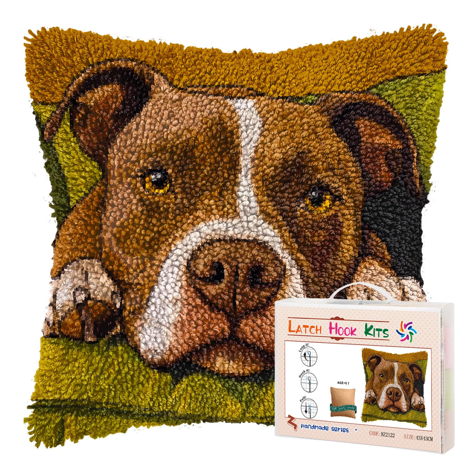 DIY Latch Hook Pillow Kits for Adults Cartoon Pitbull Dog on Sofa Printed Pillowcase Crochet Yarns Hooking Handmade Pillow Cover Cushion for Home Sofa