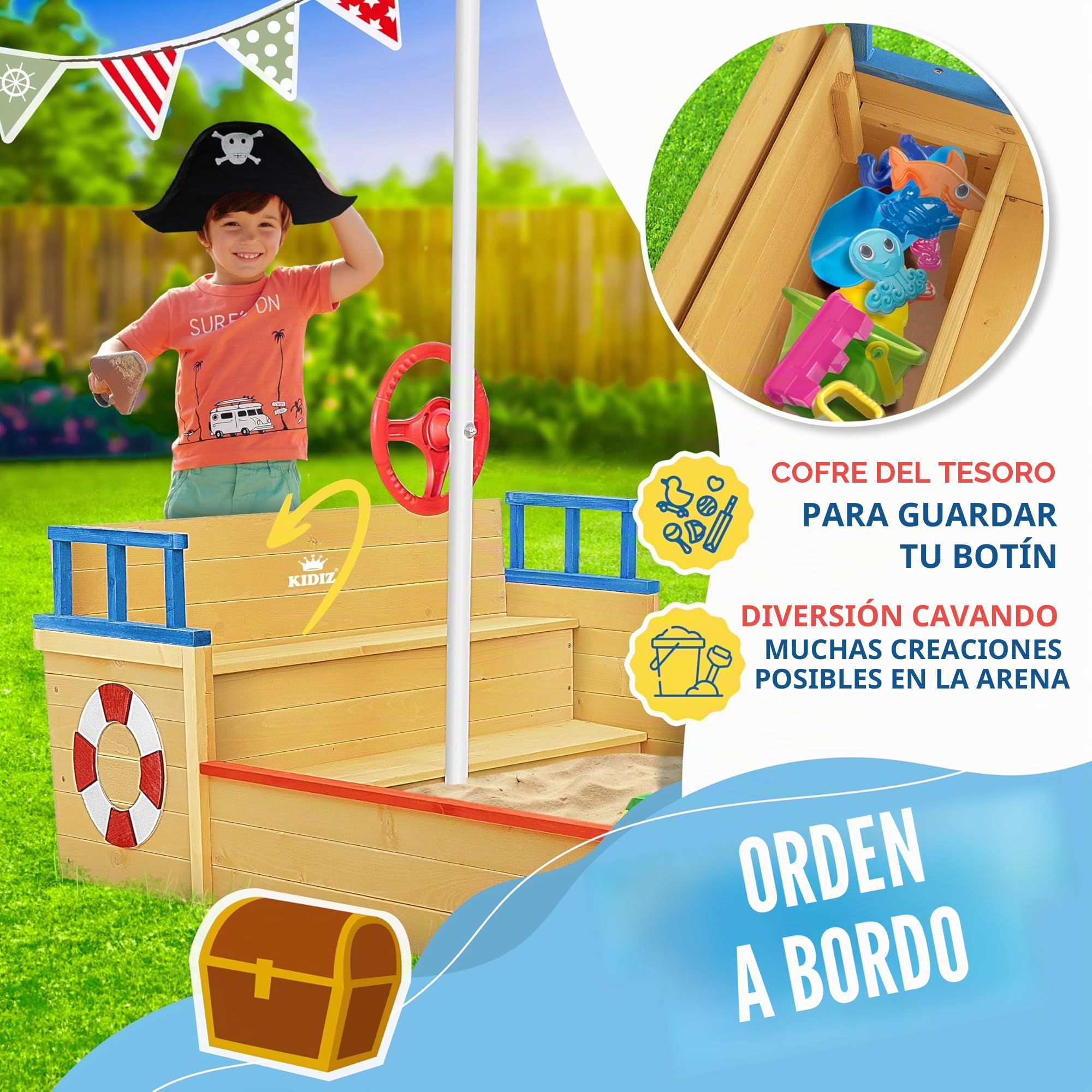 KIDIZ® arenero niños Ahoi, Barco Pirata, Barco de Vela de Madera, Incluye Cubierta, Cubierta de Suelo, Banco, asta de Bandera, Colorido