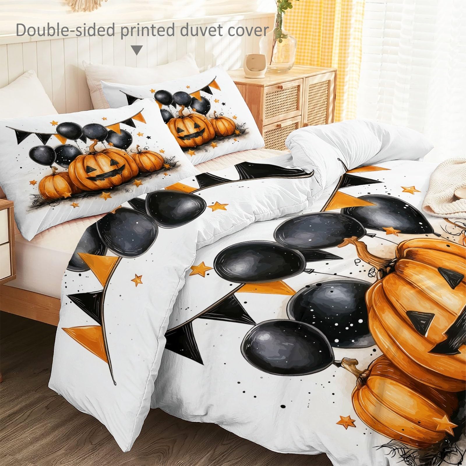 Poszewka na kołdrę 3 sztuki kolor pomarańczowy poszewka na kołdrę z 2 poszewkami na poduszki Halloween Jack-O'-Lantern balony uroczystość miękki zestaw pościeli na cały sezon oddychające zapięcie na