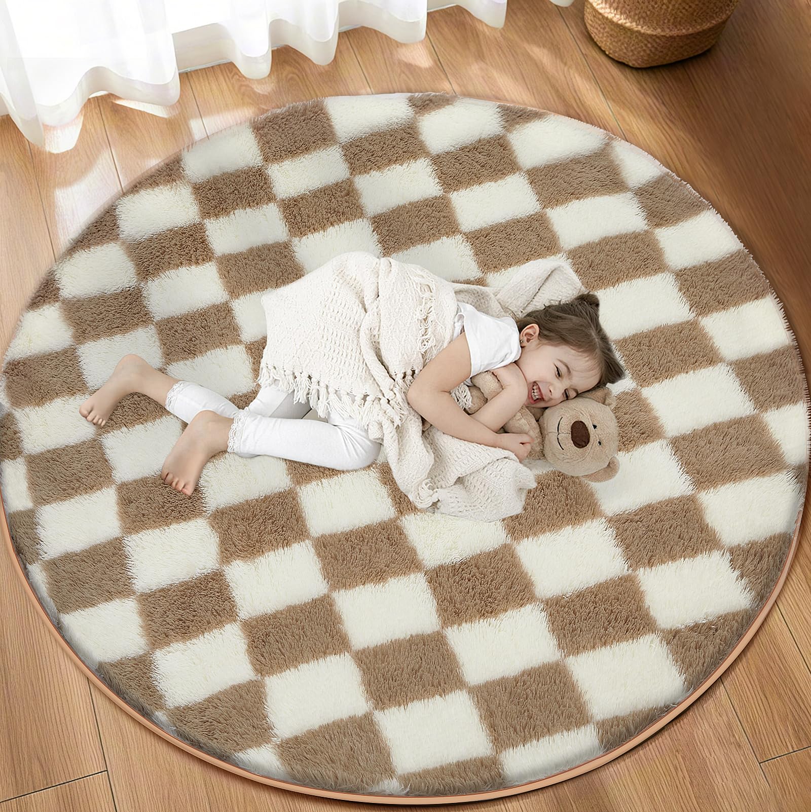 TOOHUB Super Soft Rug, Round Rug for Bedroom, 6X6 Ft Beige and White Checkered Round Rug Non-Slip High Pile Cute Soft Fluffy Rug for Living Room