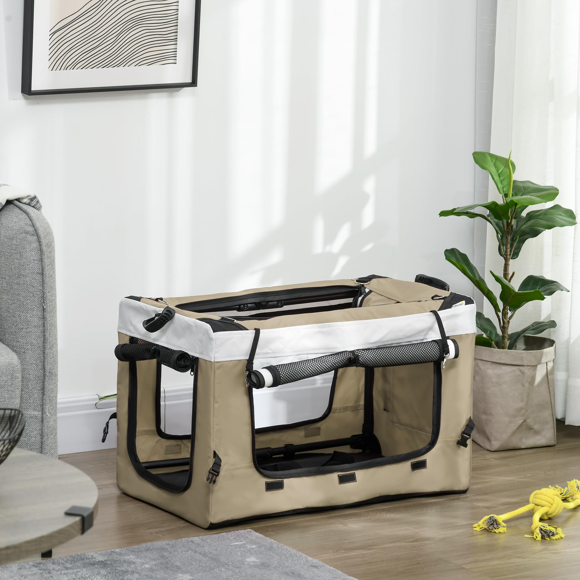 PawHut Carrito para Perros 4 en 1, Cochecito para Perros Plegable, Transportín para Mascotas con Vagón Desmontable, Cojín, Carga 10 kg, para Pequeños, Caqui