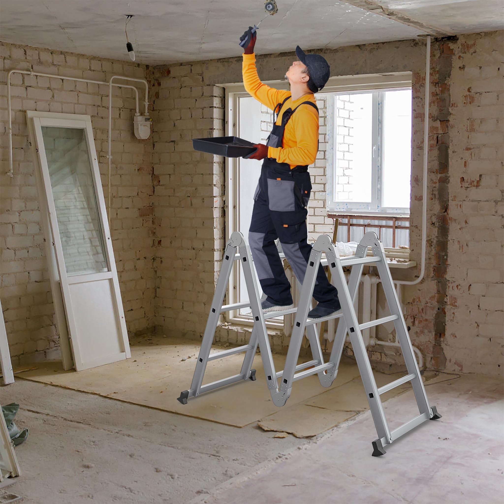 Froadp Escalera multiusos 6 en 1, 4,7 m, plegable, de aluminio, con 2 ruedas y plataforma, multifunción, soporta hasta 150 kg