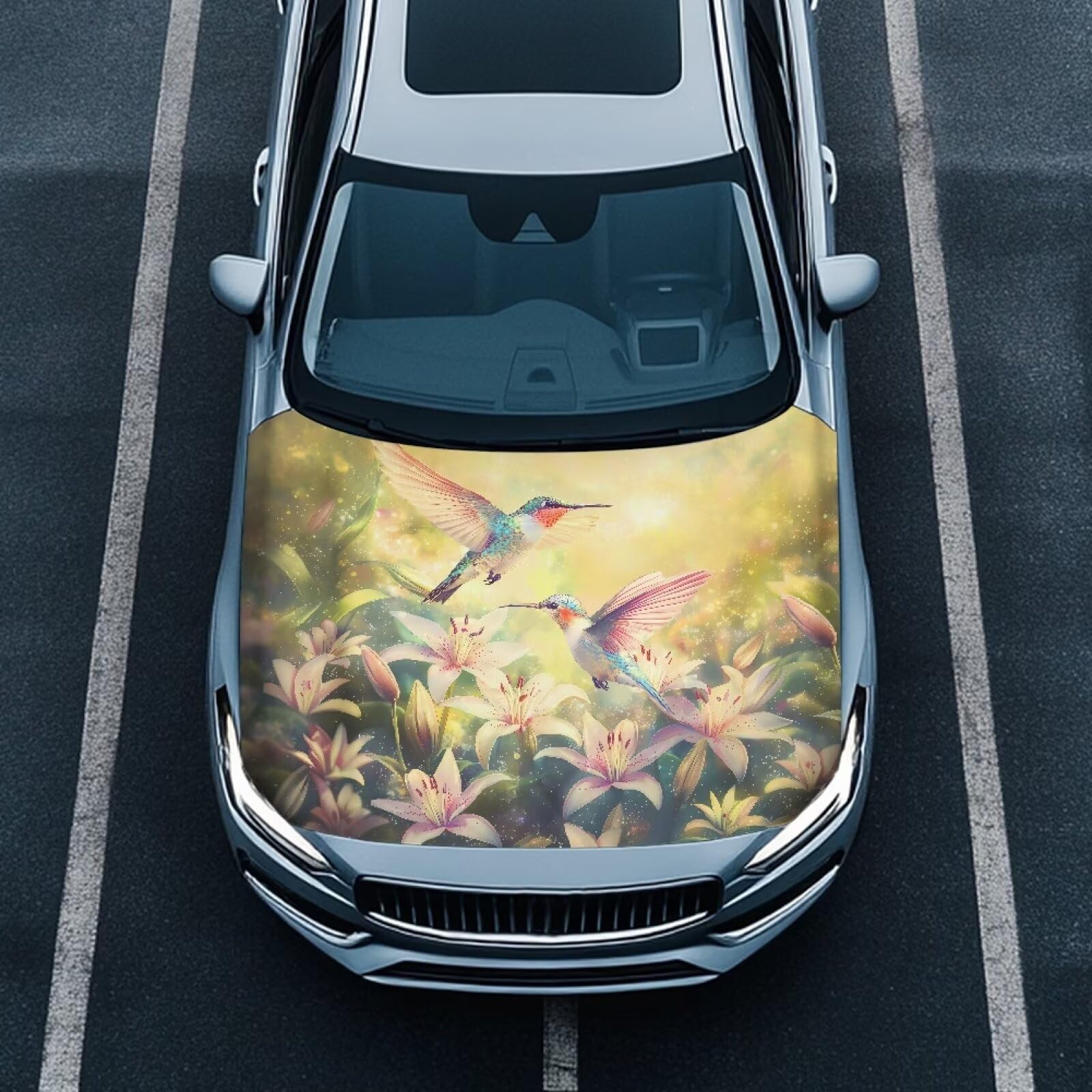 Hummingbird Lily Print Car Hood Cover Stretch Polyester Fabric Car Hood Cover Snowproof Car Hood Accessories Easy Installation for Car Hood Decor and Protection