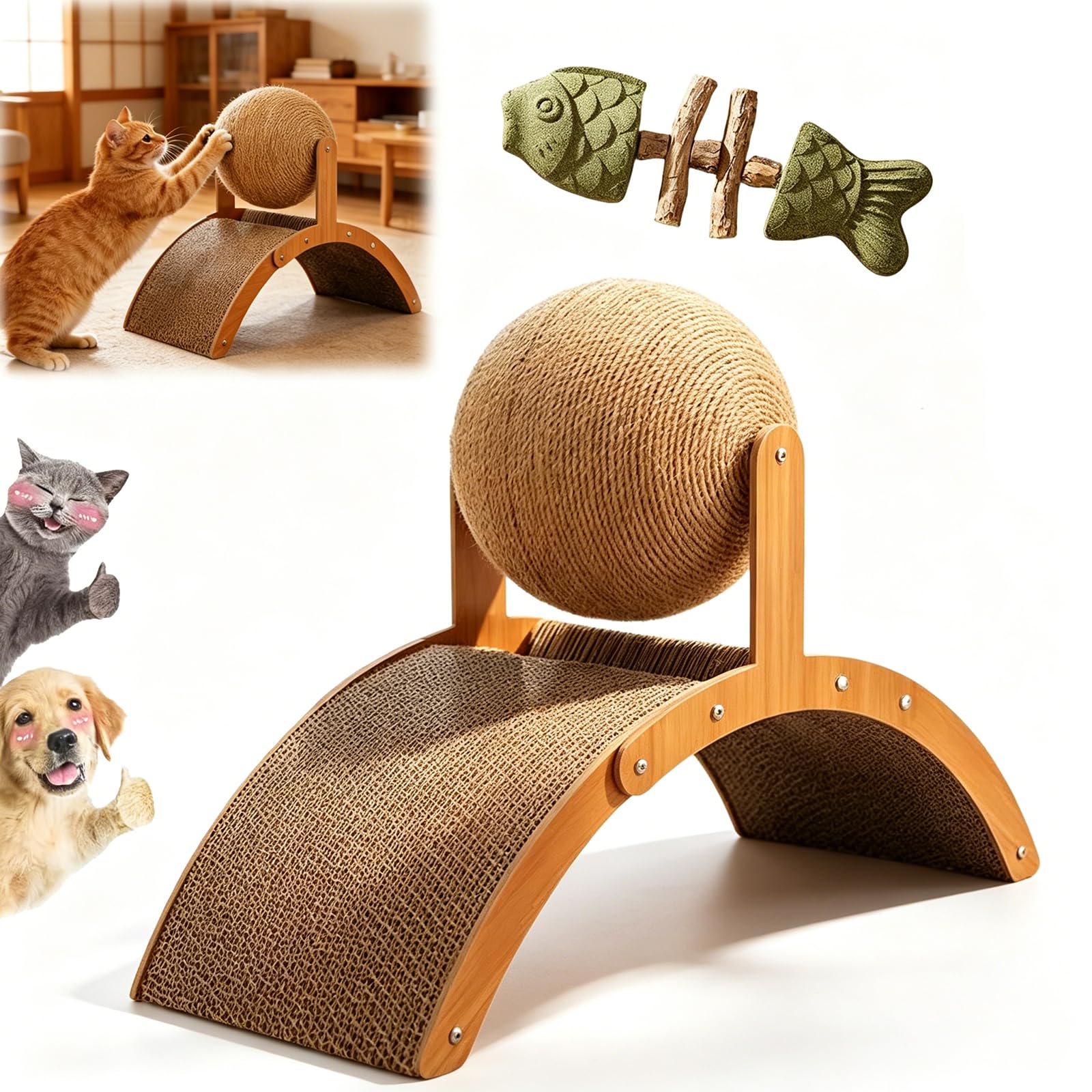 Cat Scratching Ball on Stand, Solid Wood Interactive Cat Scratcher with Arch Bridge & 360° Rotating Ball – Durable Cats Toy for Indoor Cats & Kittens, Prevents Furniture Damage (21.6 * 8.8 * 15.7in)