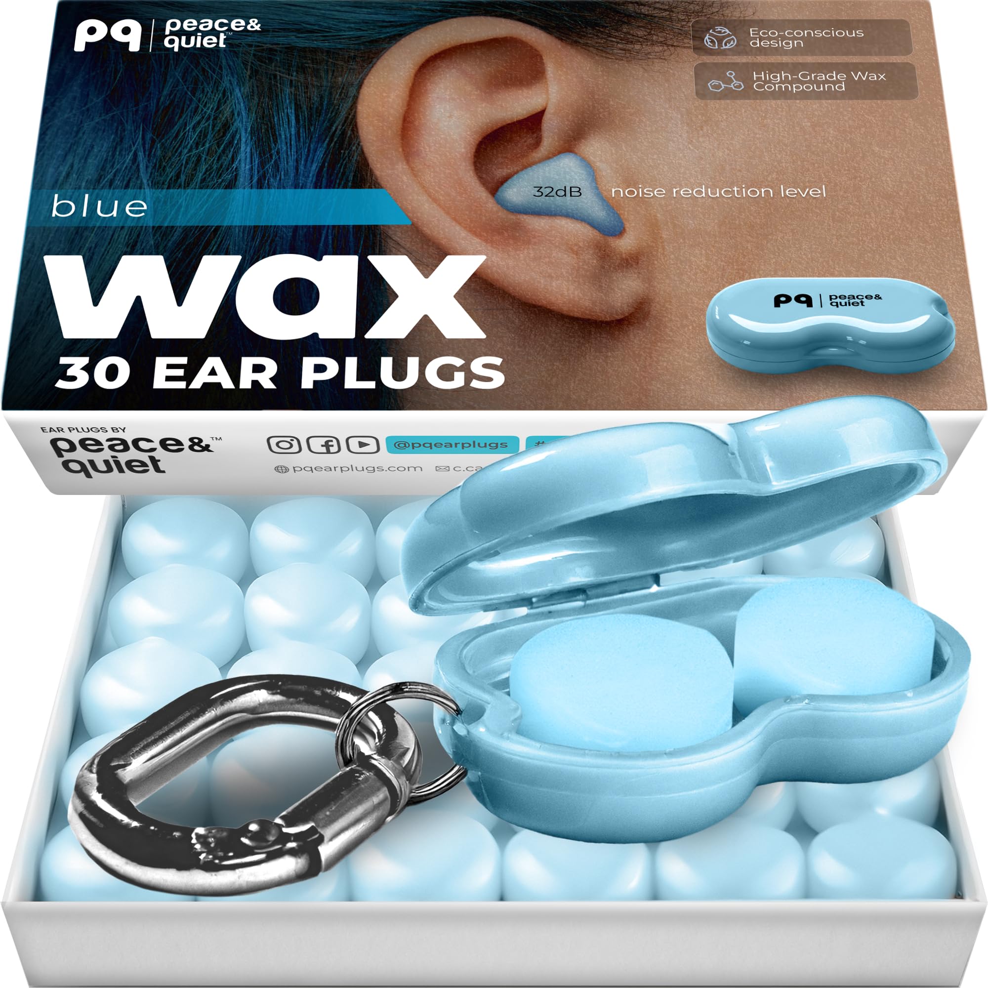 PQ Wax Ear Plugs for Sleeping - 30 Silicone Wax Earplugs for Sleeping and Swimming, Gel Ear Plugs for Noise Cancelling, Sleeping Earplugs, Sound Blocking Level of 32 Db, Color: Blue