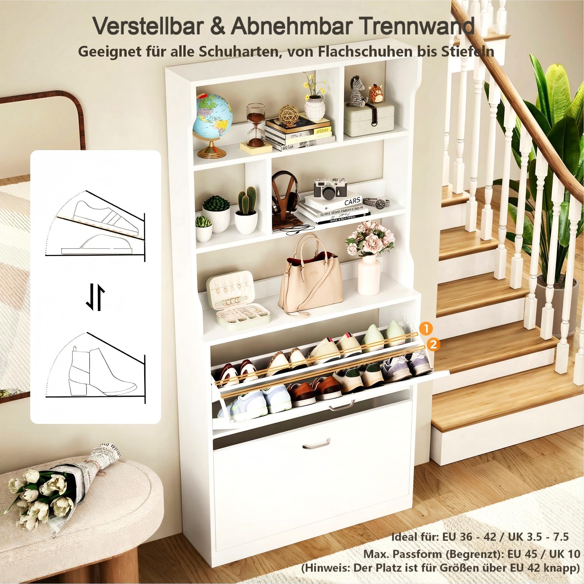 IRONCK Schuhschrank 2 Klappen, Schuhkipper Schmal, Schuhregal offenes Fach, Hohe Schuhaufbewahrung Holz Schuhkommode mit verstellbaren Trennwände für Flur Eingang Wohnzimmer, 24x80x165cm (Weiß)