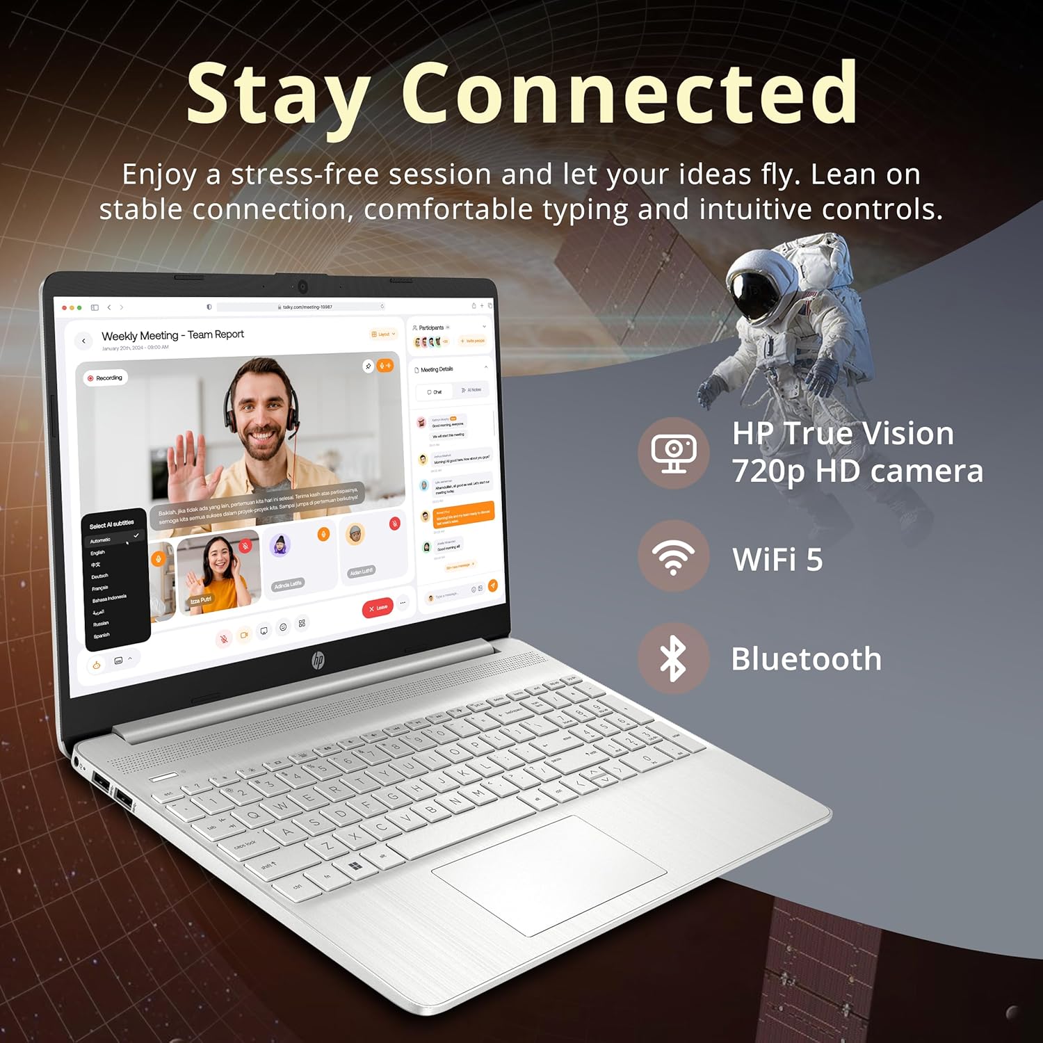 HP laptop displaying a video call with webcam, Wi-Fi, and Bluetooth icons