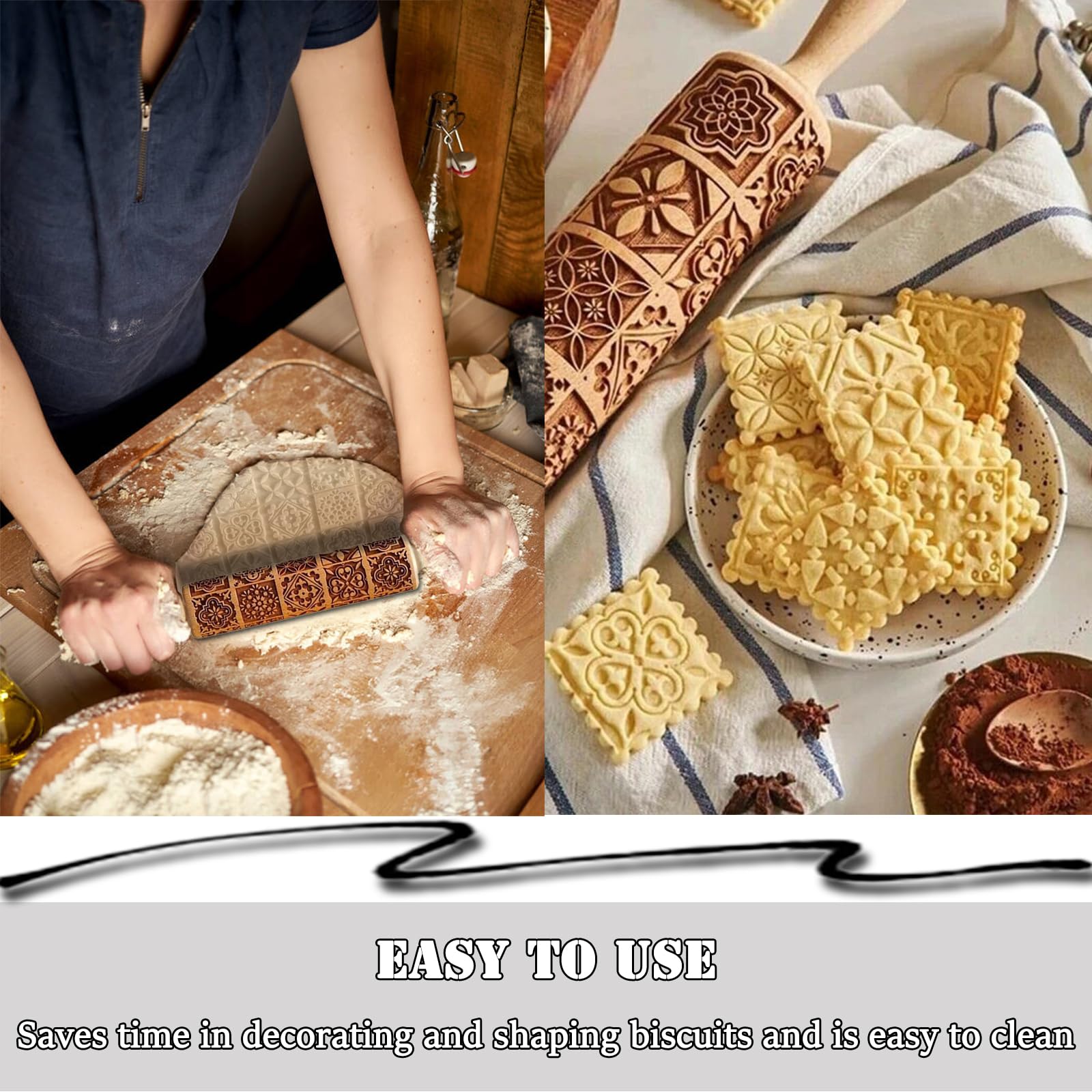 Mattarello Decorativo Per Biscotti Natale - Legno Faggio Con Motivi 3D, 35cm - Foto 2